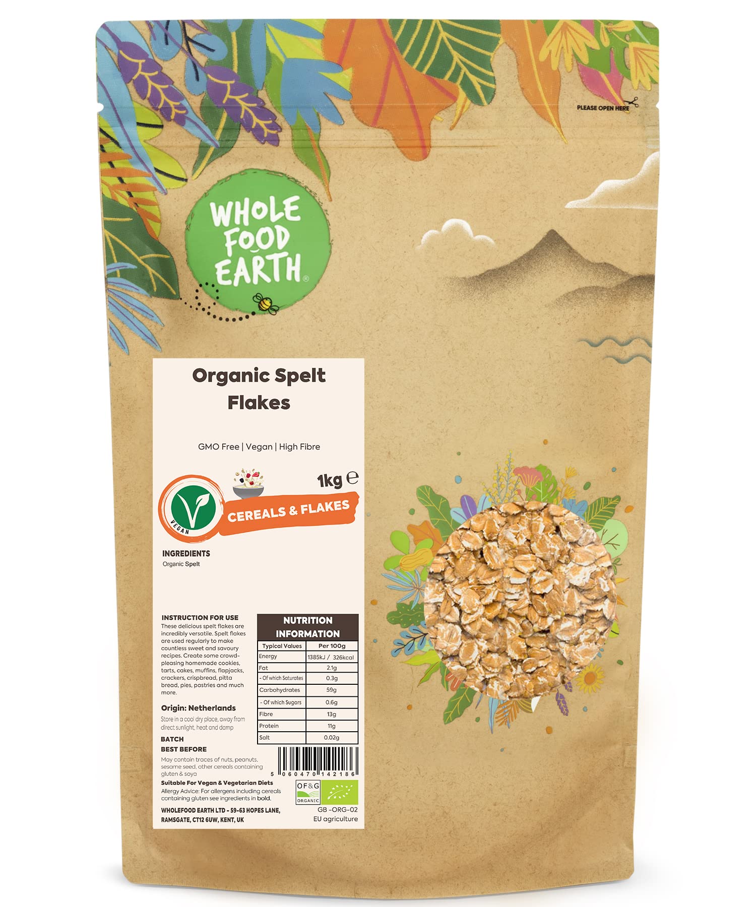 Wholefood Earth Bio-Dinkelflocken – 1 kg | Vegan | Gentechnikfrei | Ballaststoffreich