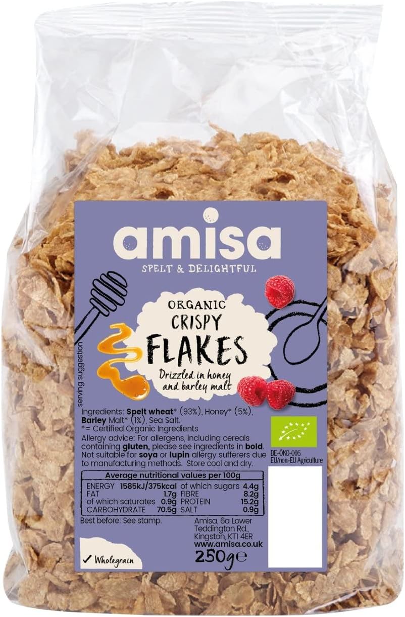 Amisa Bio Dinkel Knusperflocken 250g - Ballaststoffreiches Frühstücksmüsli mit Honig & Gerstenmalz