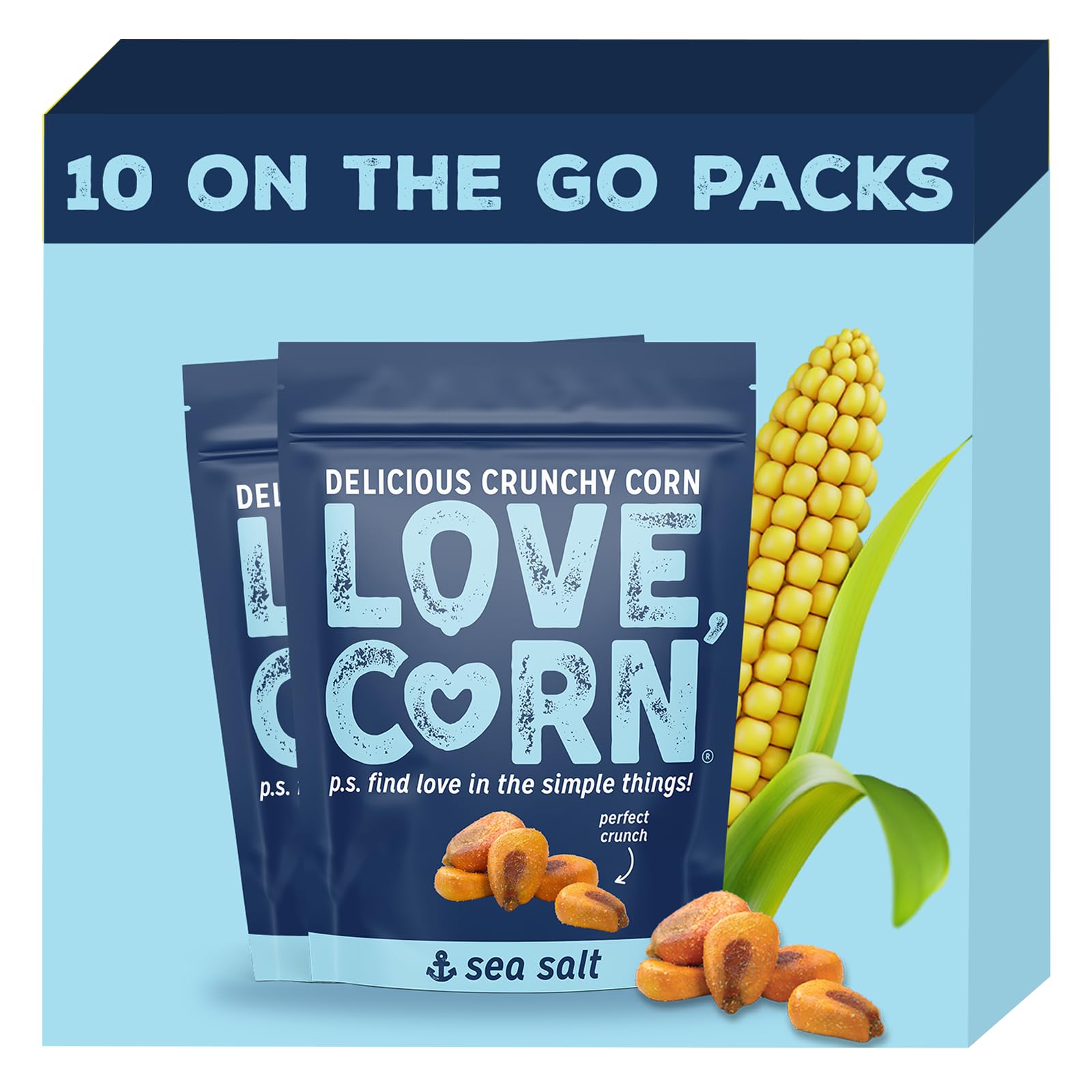 LOVE CORN Knuspriger Maissnack mit Meersalz, 45 g x 10 Beutel – Veganer, glutenfreier, gesunder Snack
