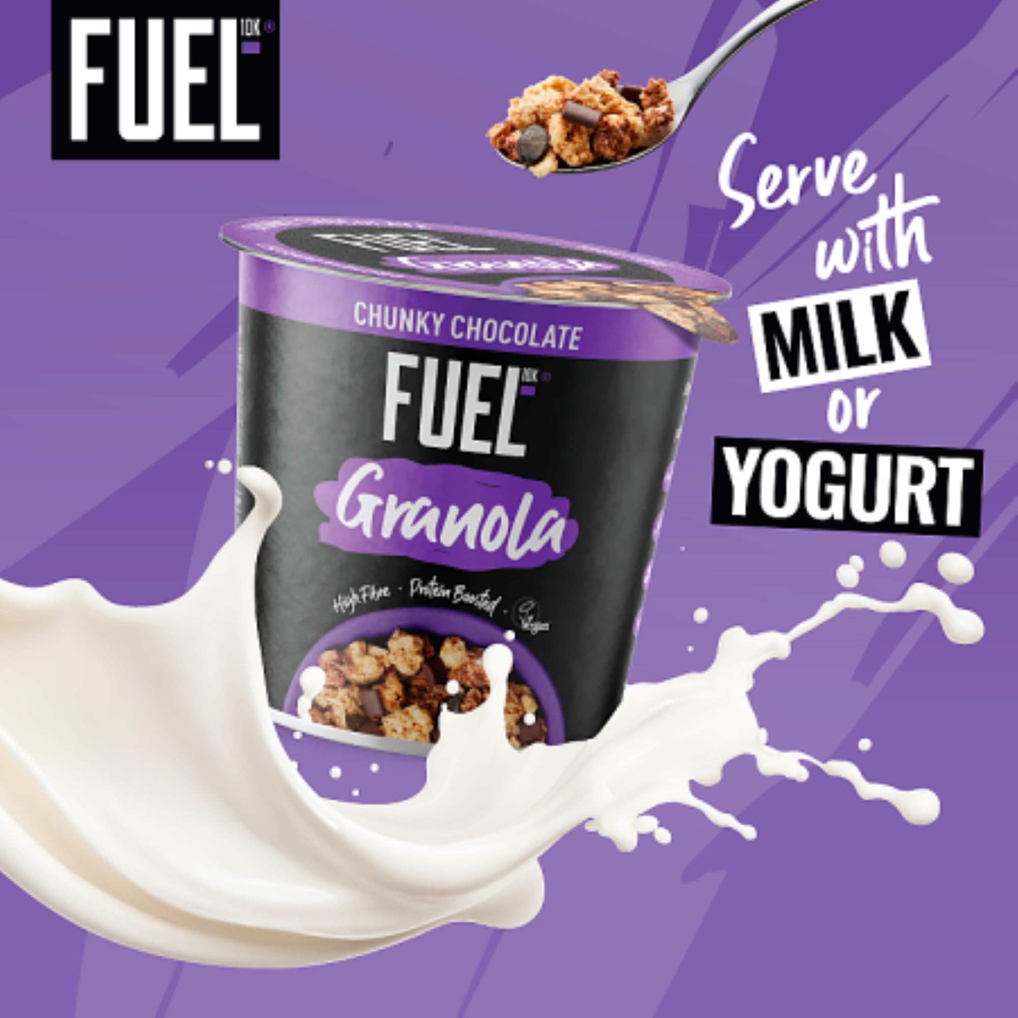 FUEL10K Schokoladen-Protein-Granola-Müslibecher, 70 g (8er-Pack) – Veganer, proteinreicher Frühstückssnack