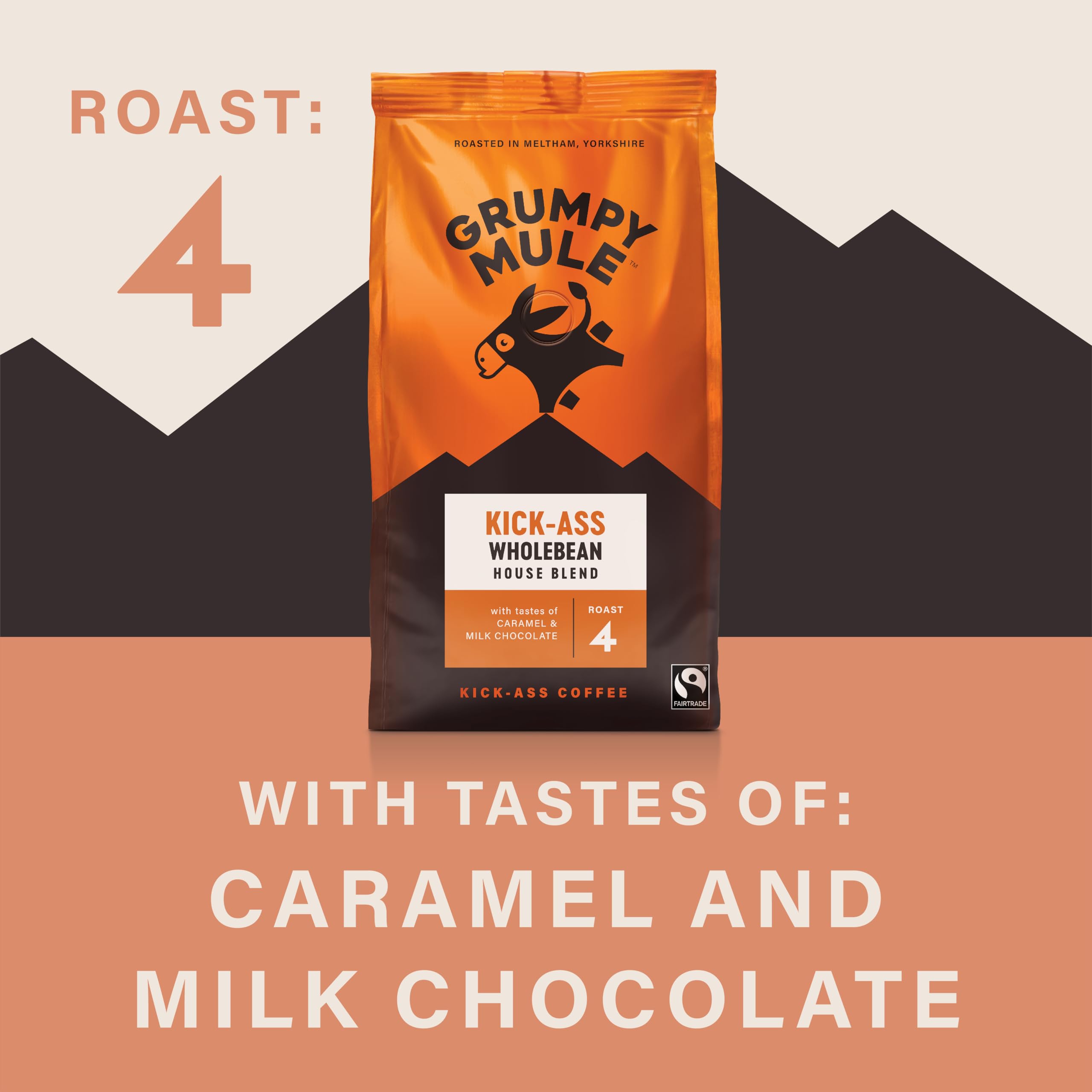 Grumpy Mule Kick-Ass House Blend gemahlener Kaffee mit Noten von Karamell und Milchschokolade
