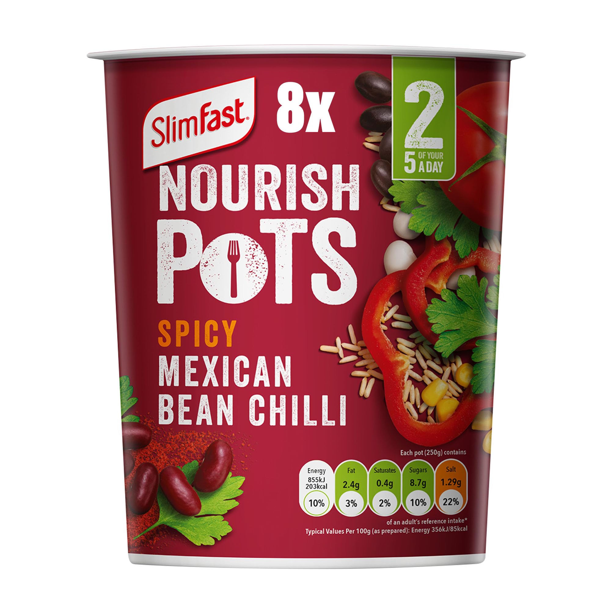 SlimFast Nourish Pot Spicy Mexican Bean Chilli - Ready Meal, Low in Sugar, Vegan, 8 x 60g Pots