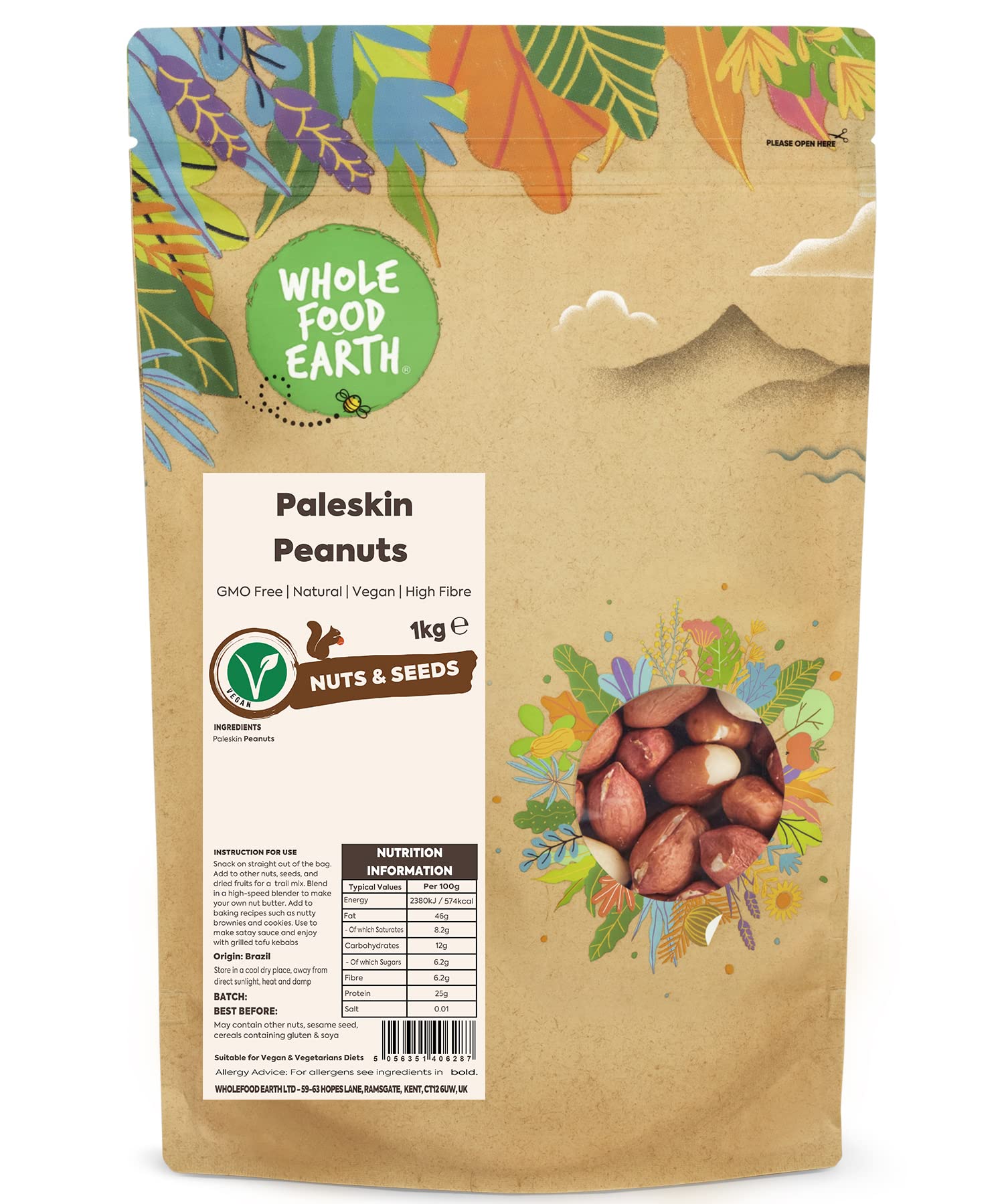 Wholefood Earth Paleskin Erdnüsse 1 kg | Gentechnikfrei | Natürlich | Ballaststoffreich | Recycelbare Verpackung