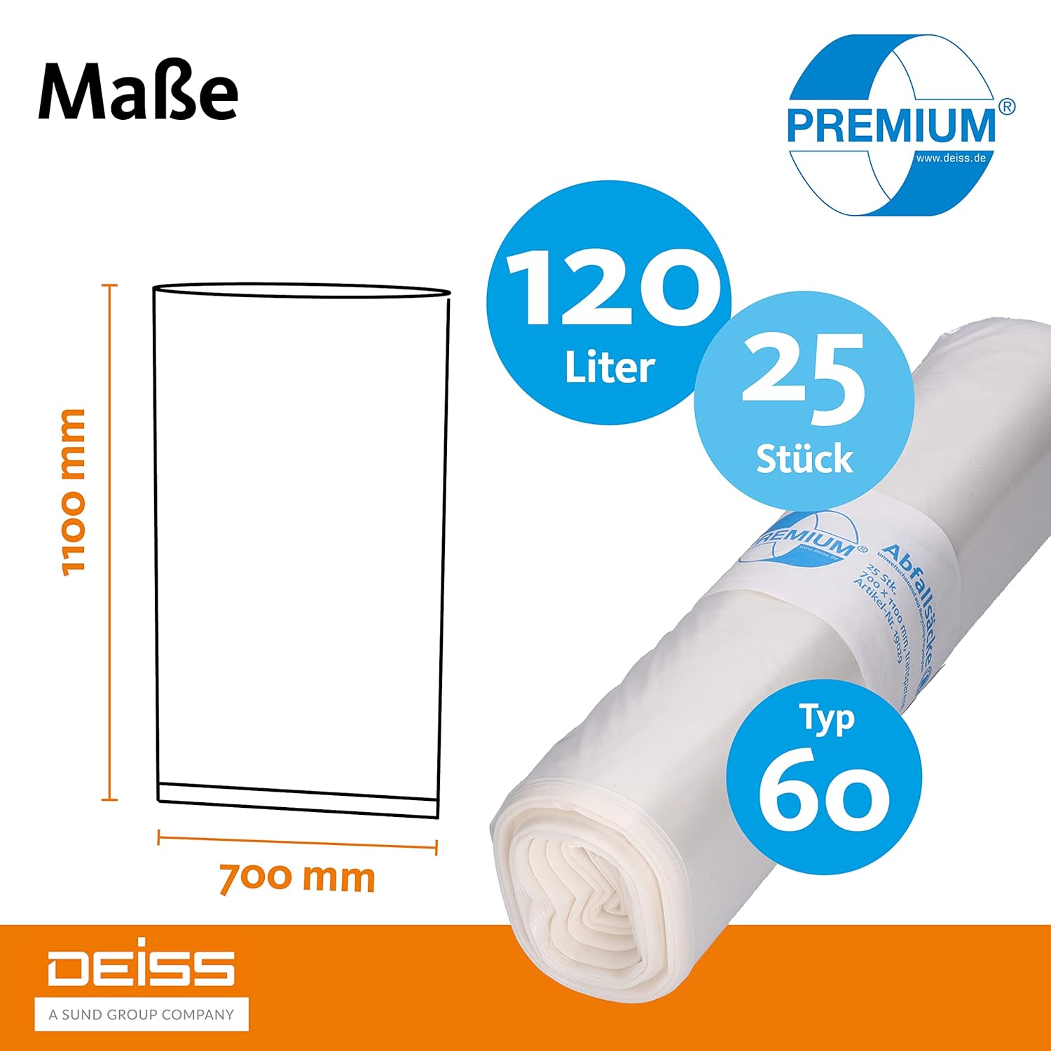 Deiss Premium Transparente Müllsäcke Typ 60, 120L - Klare Müllsäcke 700 x 1100 mm
