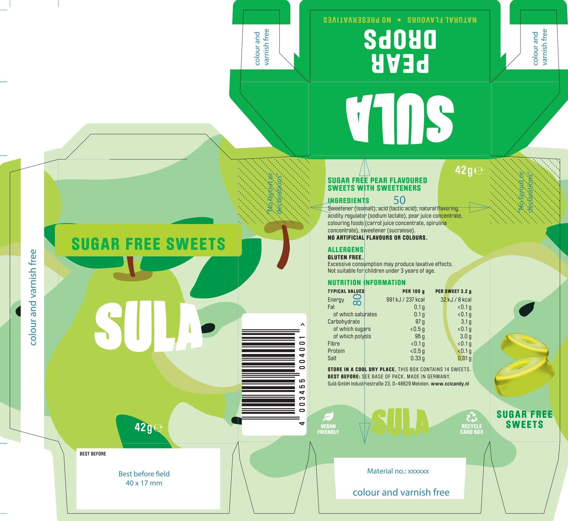 Sula Birnenbonbons, zuckerfreie Bonbons, natürliches Aroma, 42-g-Packung