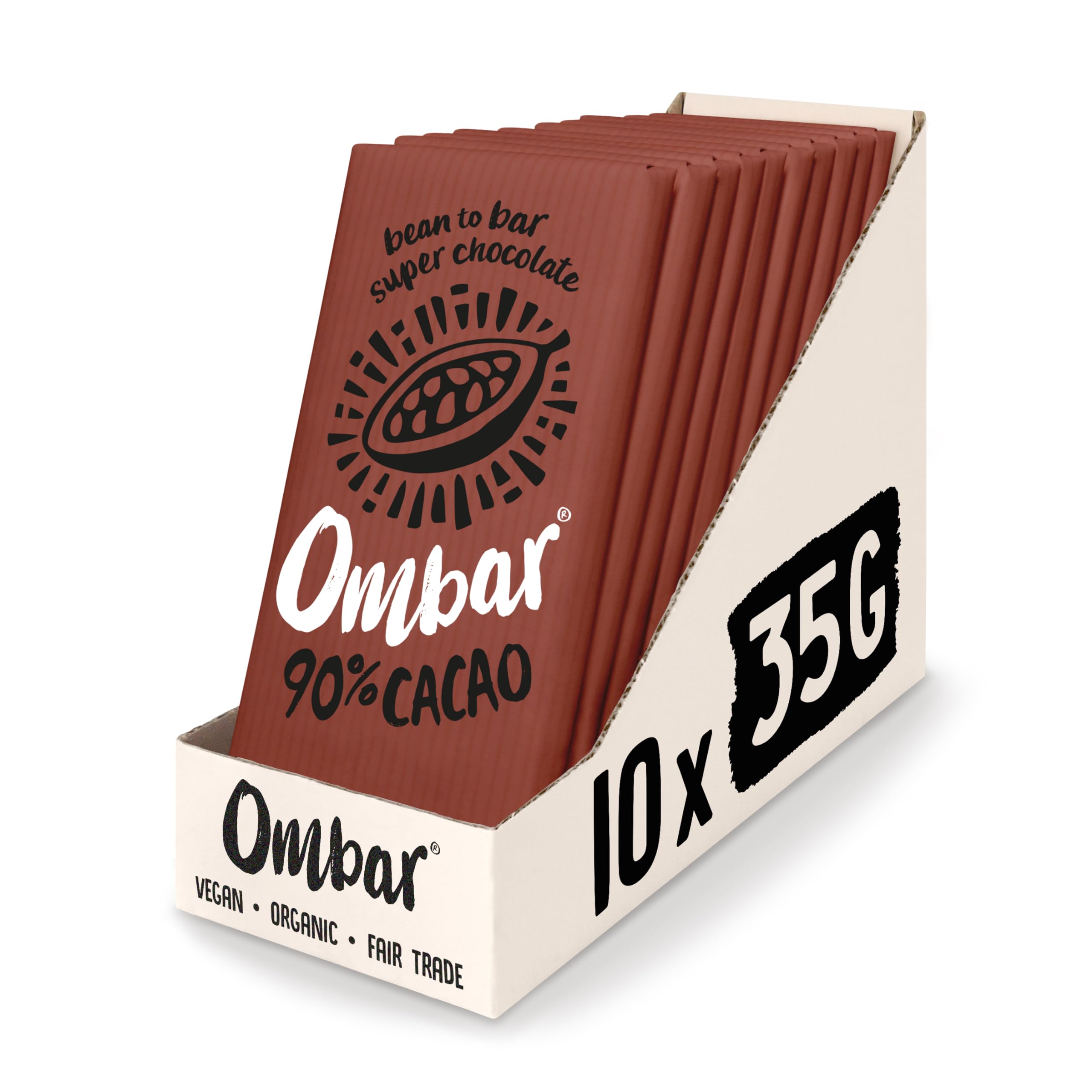 Ombar - 90% Cacao Vegan Dark Chocolate Bar (35g x 10) Organic, Dairy & Gluten Free