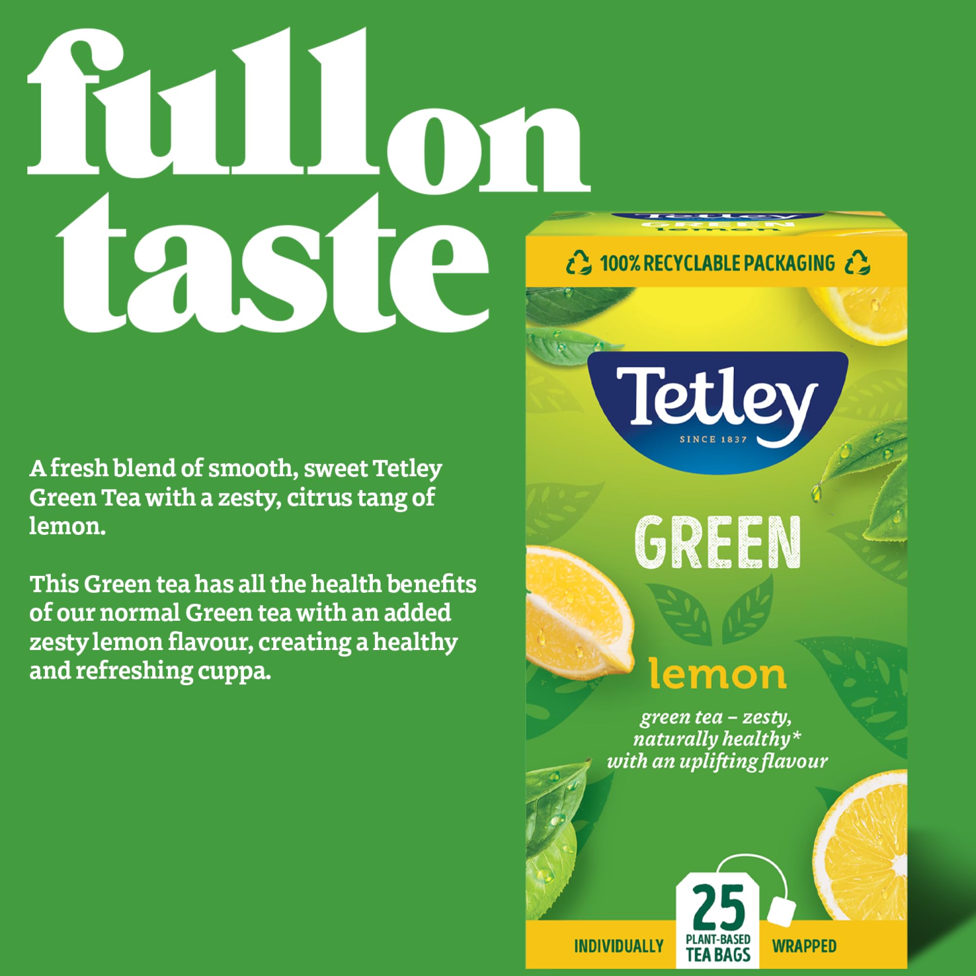 Tetley Zitronen-Grünteebeutel – Rainforest Alliance-zertifiziert – auf pflanzlicher Basis – 25 Teebeutel
