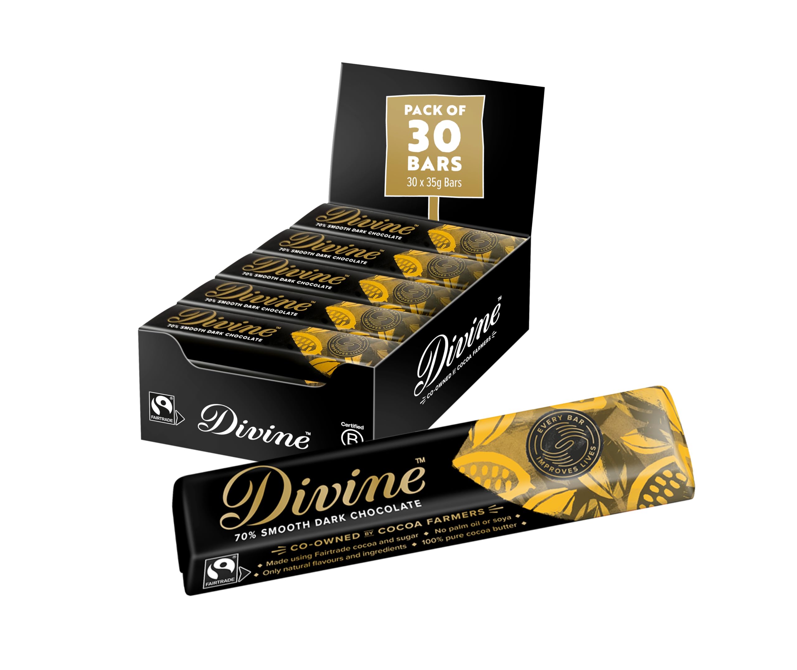 Divine 70 % Kakao, dunkle Schokolade – 35 g Riegel (30er-Packung)
