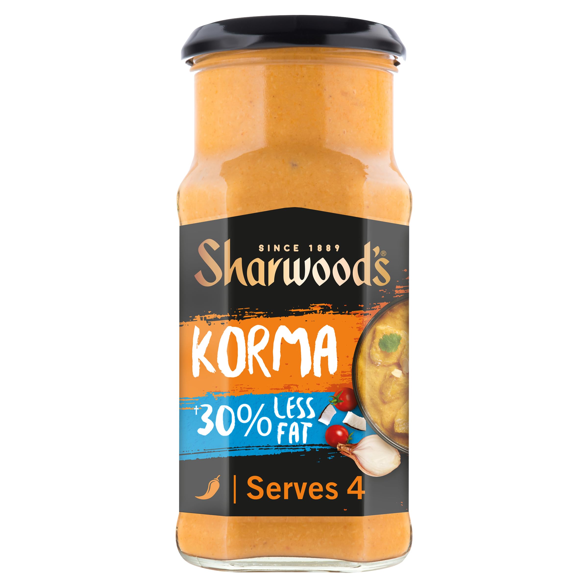 Sharwoods indische Korma-Sauce – 30 % weniger Fett, cremige Kokosnuss- und Tomatenmischung, 420 g