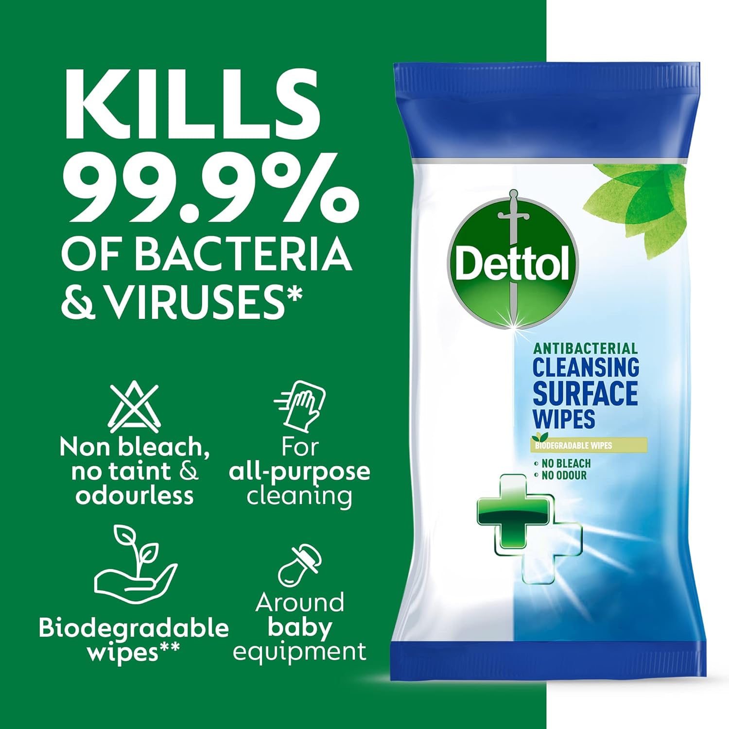 Dettol - Antibakterielle, biologisch abbaubare Desinfektionstücher zur Oberflächenreinigung, 110 x 3