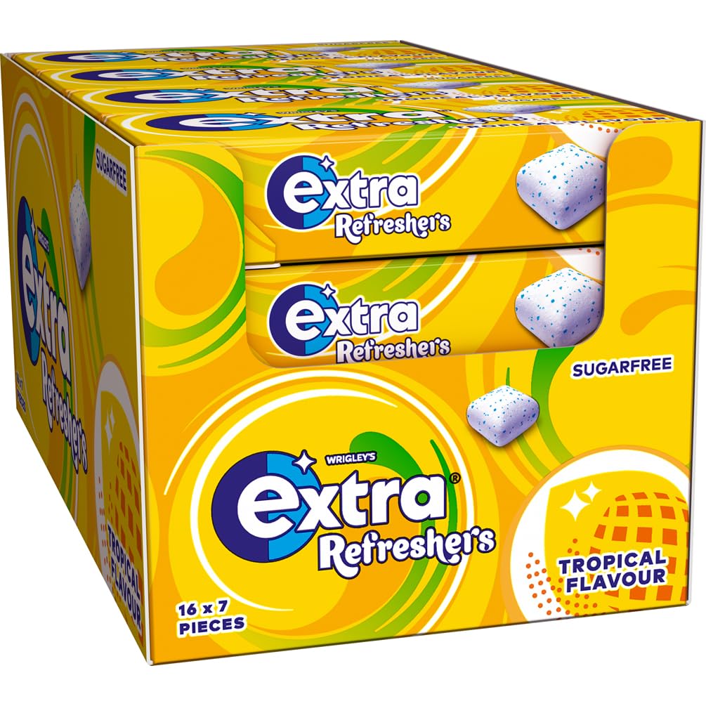 Extra Refreshers Kaugummi mit tropischem Geschmack, zuckerfrei – 16 Packungen (112 Stück) mit Xylitol
