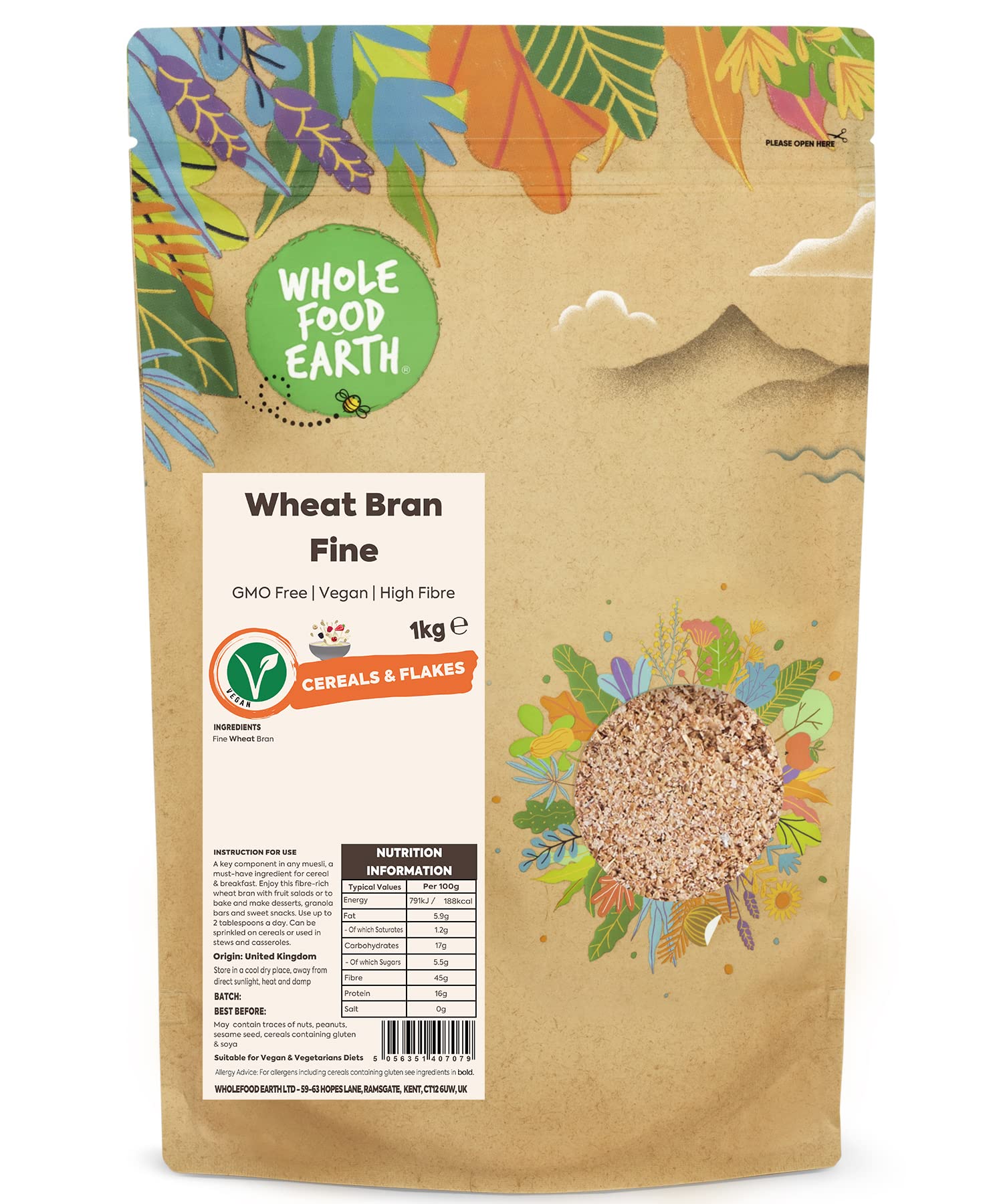 Wholefood Earth Weizenkleie Fein 1 kg | Gentechnikfrei | Ballaststoffreich
