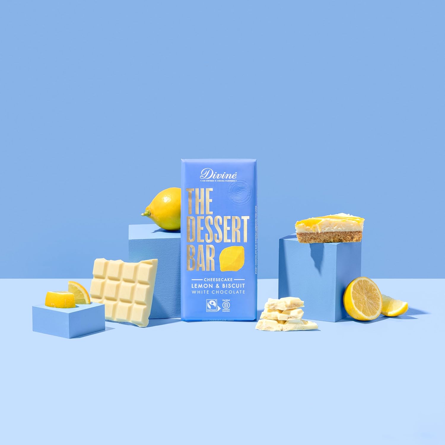 Divine - Schokoladen-Dessertriegel 26% Weiße Schokolade Zitronen-Käsekuchen mit Zitronen-Crisp