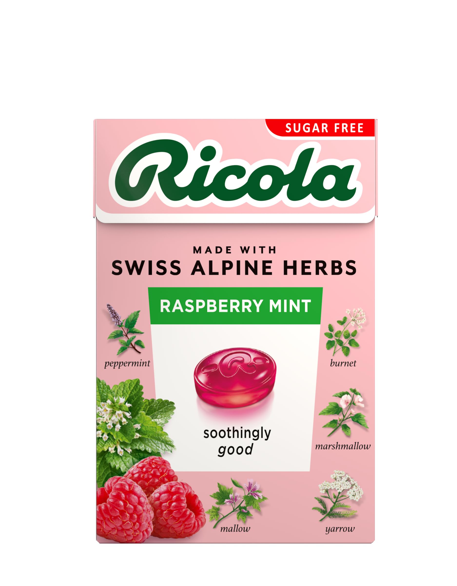 Ricola Himbeer-Minze-Kräuterbonbons ohne Zucker, 10er-Packung (je 45 g), gesüßt mit Stevia, vegan und koscher