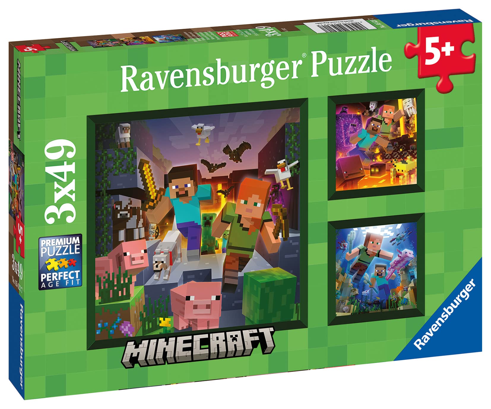 Ravensburger Minecraft Biome, 3 x 49-teilige Puzzles für Kinder ab 5 Jahren
