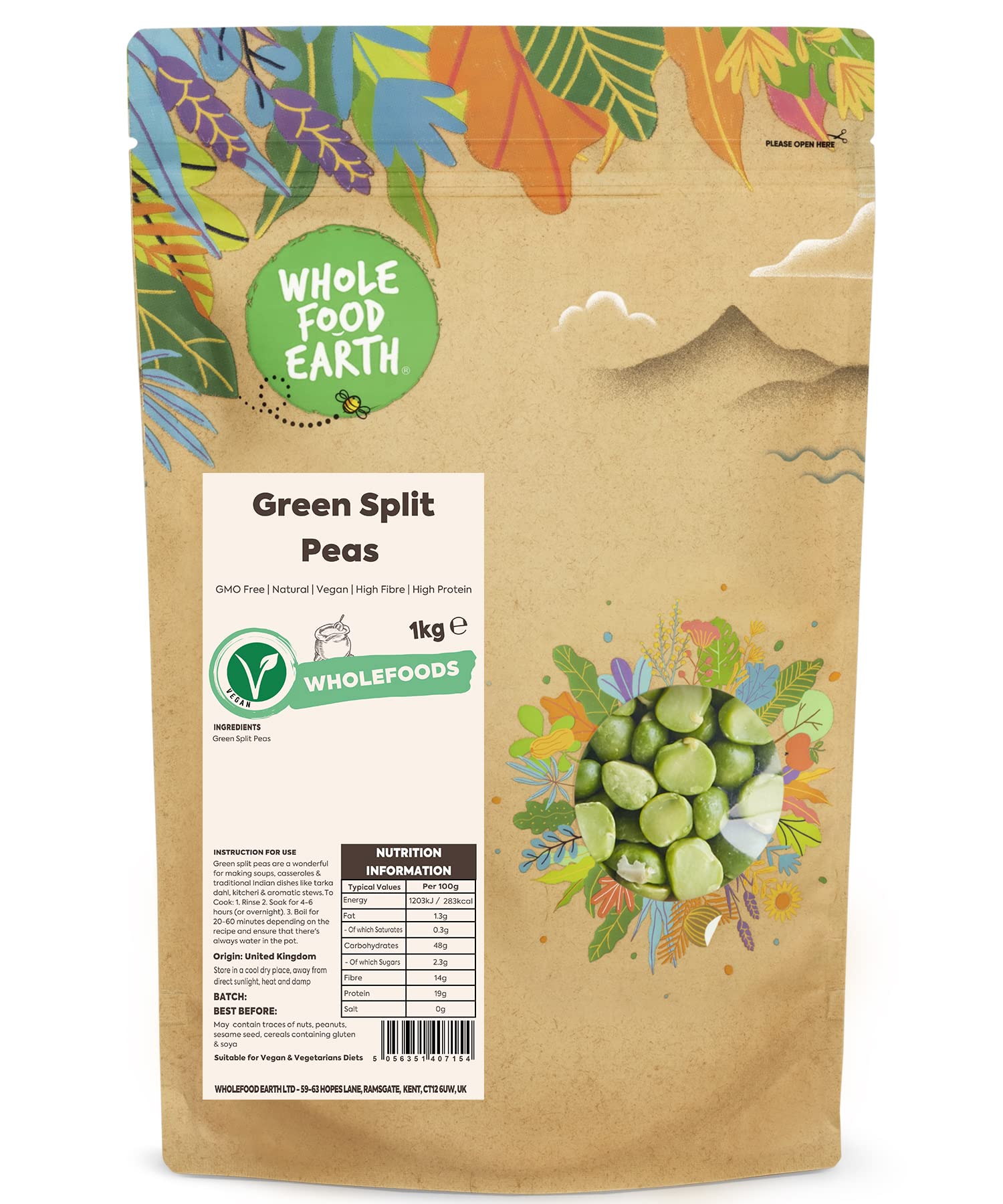 Wholefood Earth – Grüne Spalterbsen 1 kg | Gentechnikfrei | Ballaststoffreich | Proteinreich | Bio | Vegan