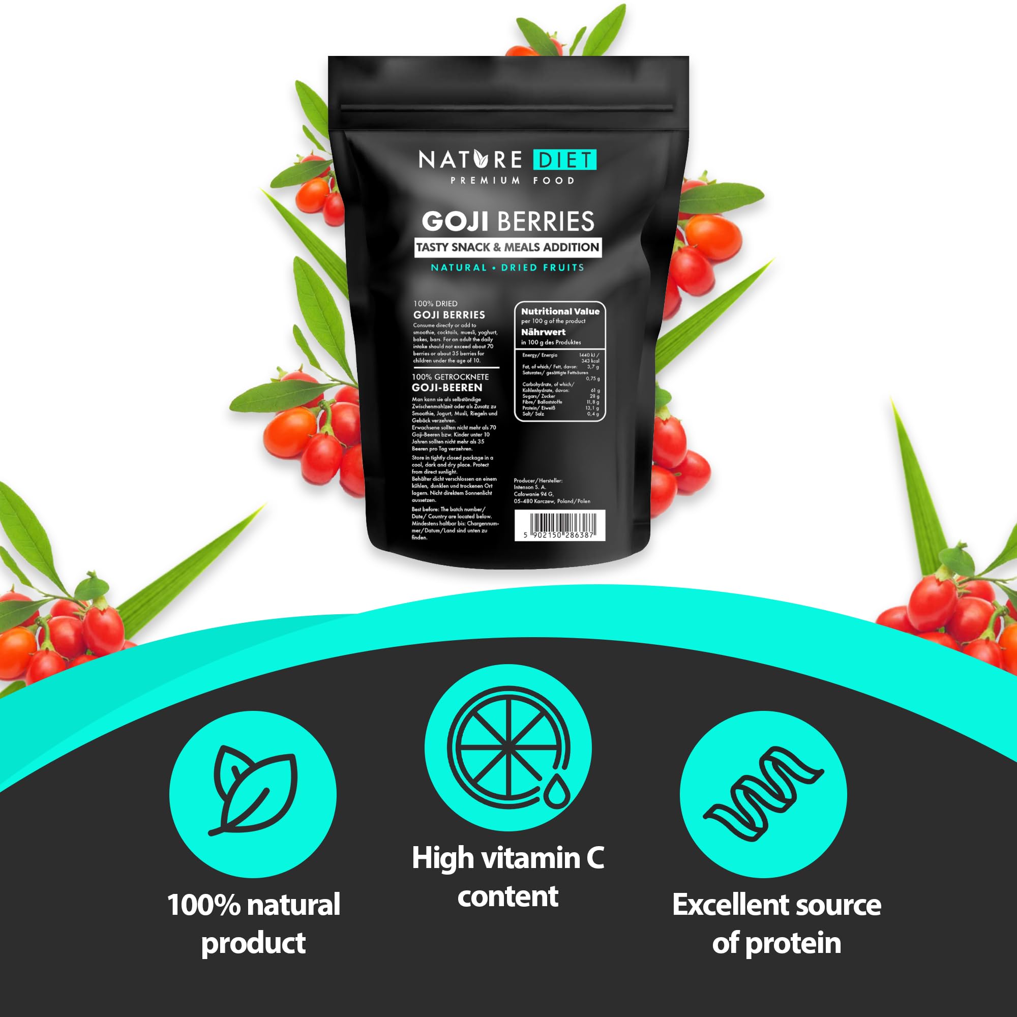 Nature Diet - Goji Beeren 1000 g | Getrocknete Beeren | Gesunder Snack