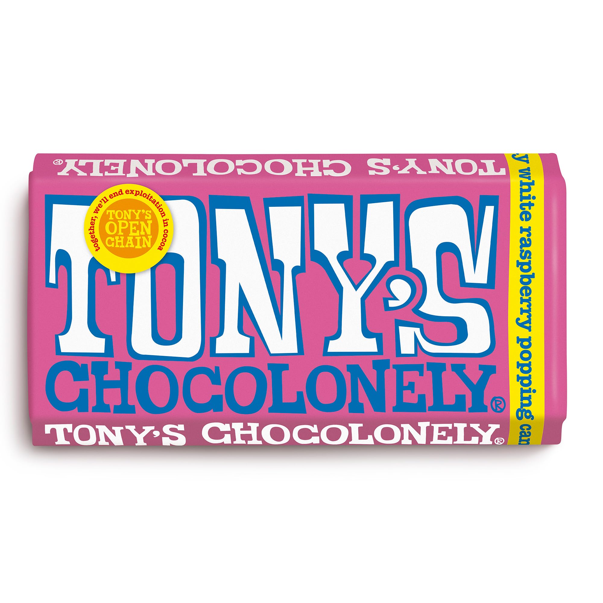 Tony's Chocolonely Schokoriegel mit weißer Himbeere und Knallbonbons, 180 g