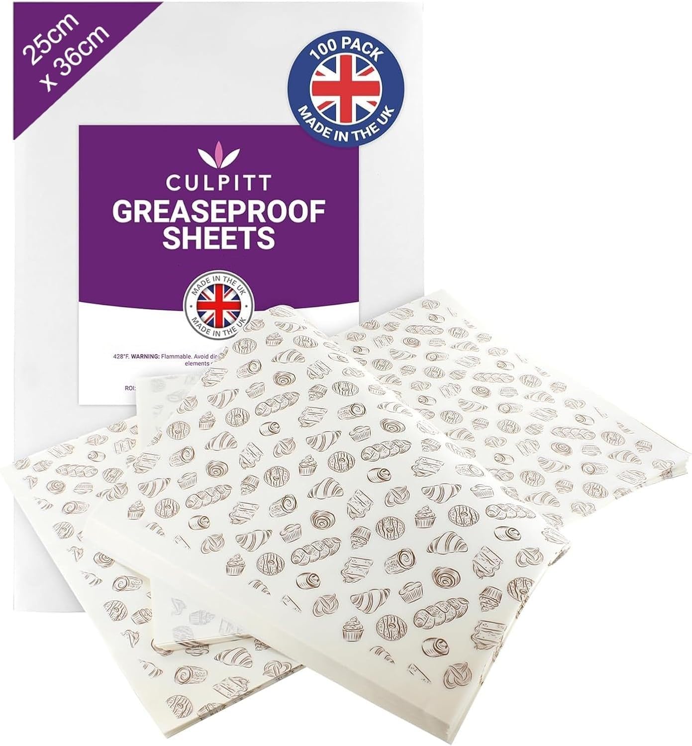 Culpitt – Backpapierbögen zum Backen und Präsentieren | 100 vorgeschnittene Bögen | 250 mm x 360 mm