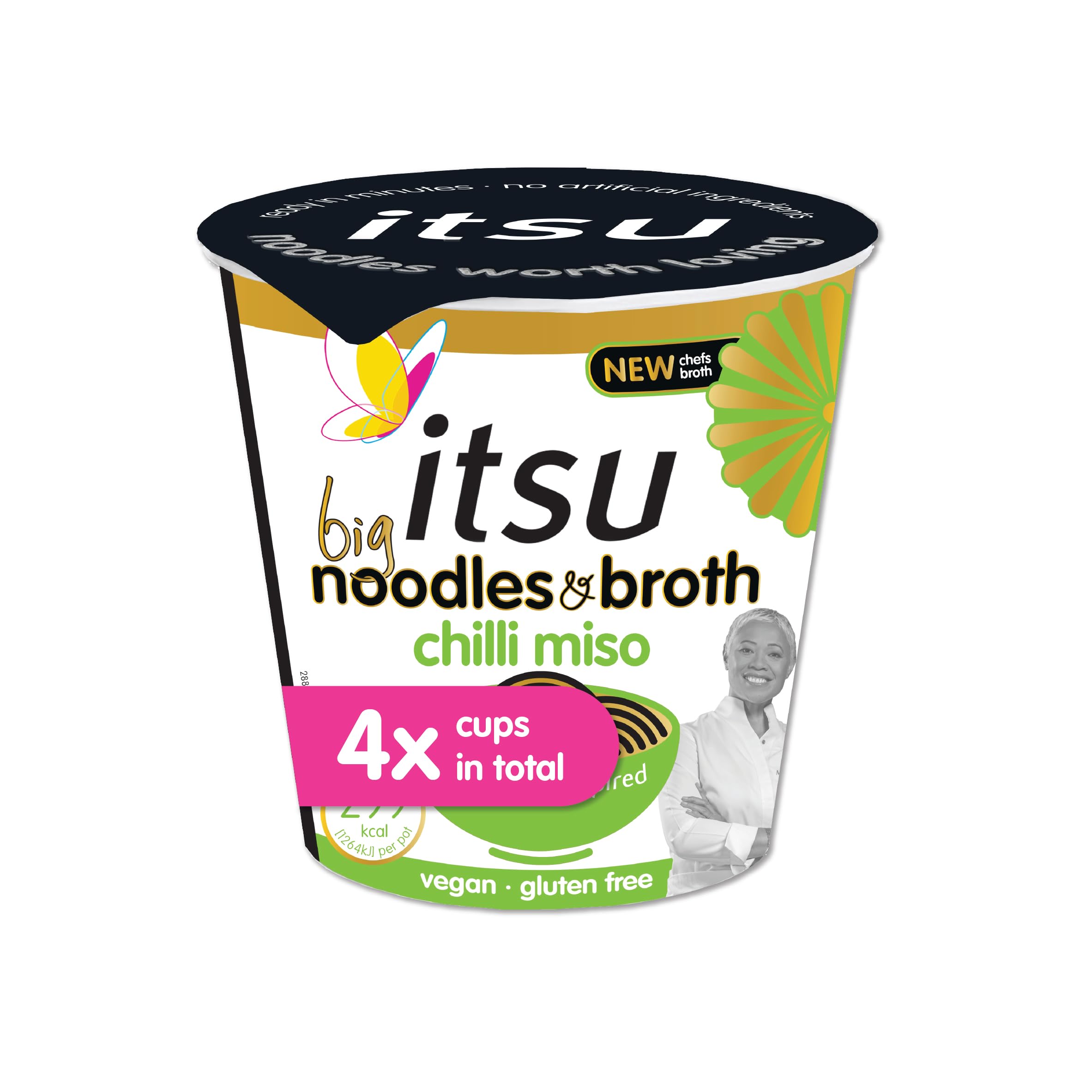 Itsu Big Chilli Miso Instantnudeln & Brühetopf 98 g – 4er-Pack | Glutenfreie vegane Reisnudeln
