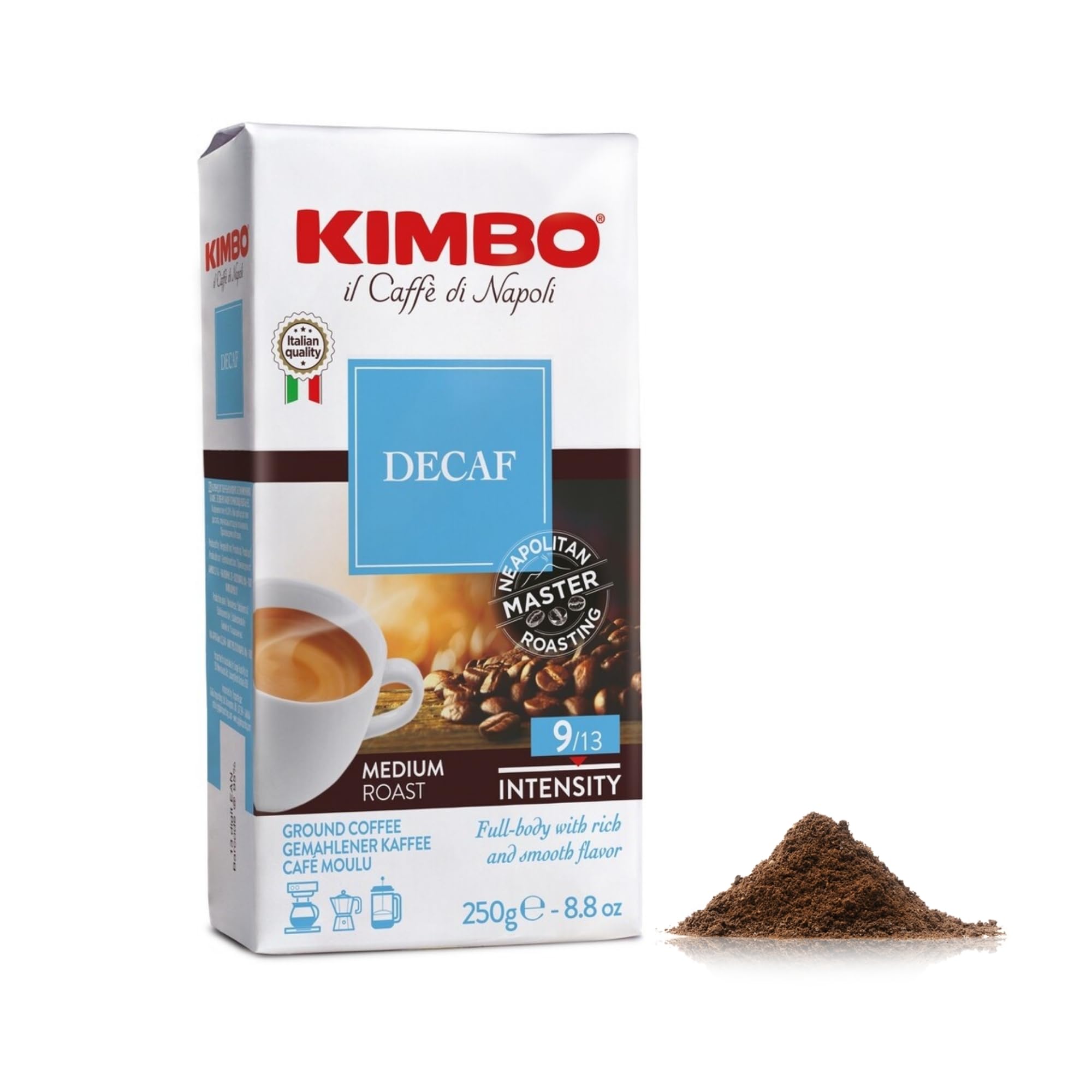 Kimbo - Entkoffeinierter gemahlener Kaffee 250 g | Mittelstark gerösteter italienischer Espresso