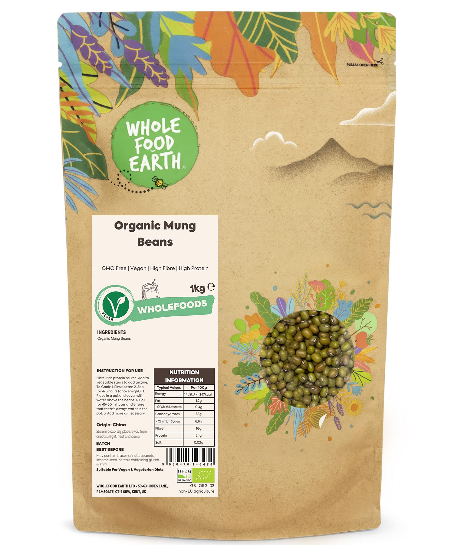 Wholefood Earth Bio-Mungbohnen 1 kg | Gentechnikfrei | Proteinreich | Ballaststoffreich | Bio-zertifiziert