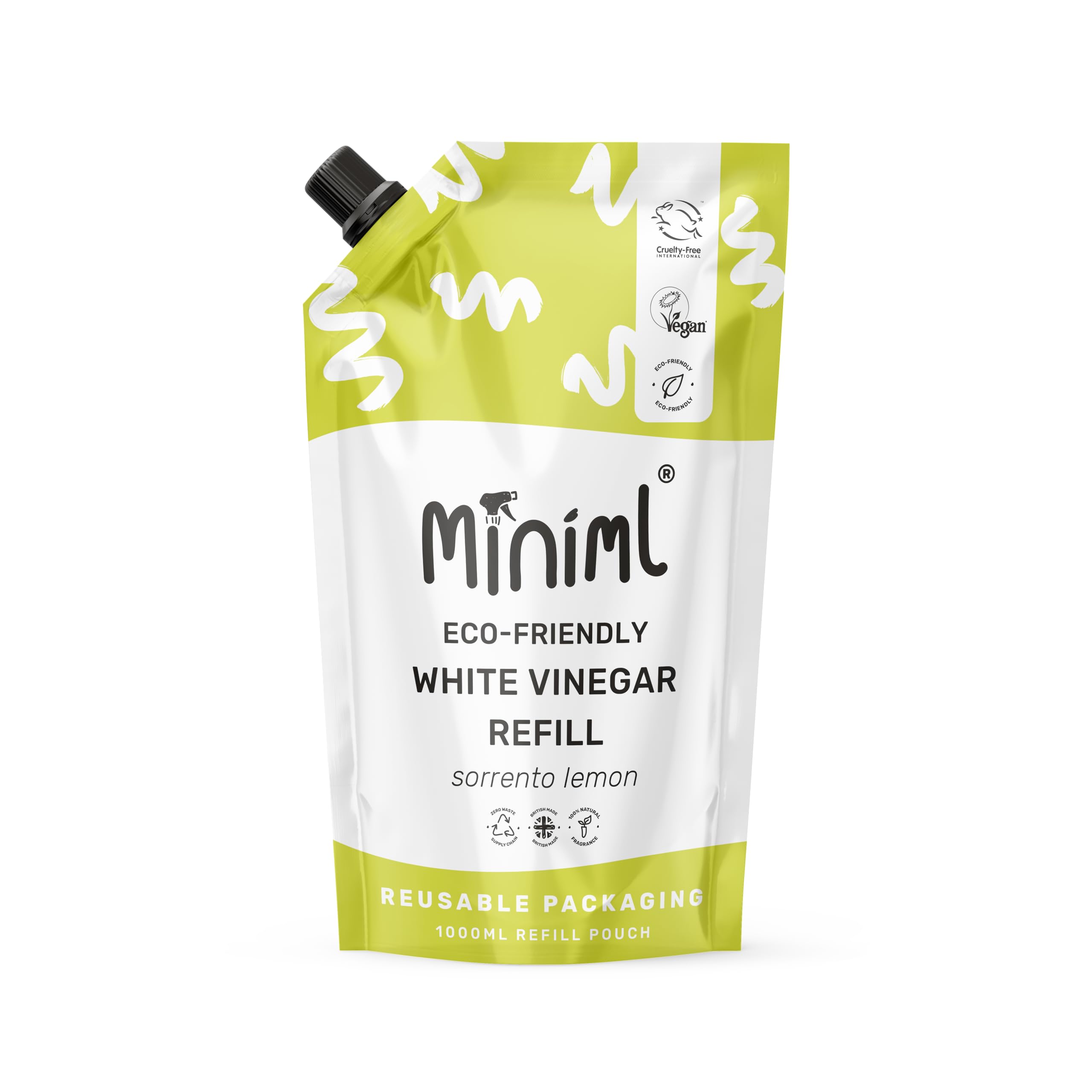 Miniml Eco Weißer Essig, Zitronenduft, 1 l Nachfüllpackung – natürlicher Reiniger für mehrere Oberflächen