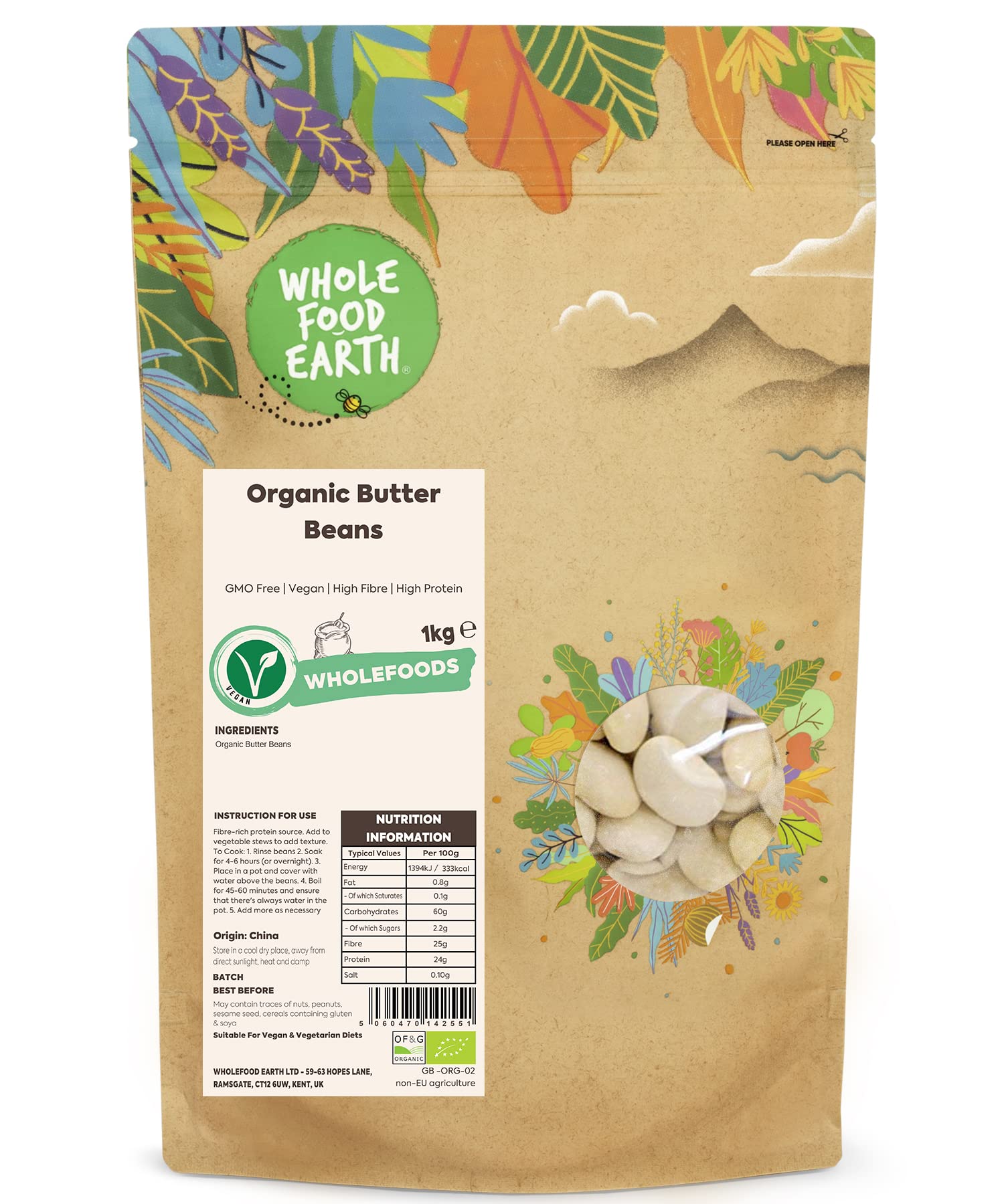 Bio-Butterbohnen 1 kg – gentechnikfrei, ballaststoffreich, vegan | Wholefood Earth