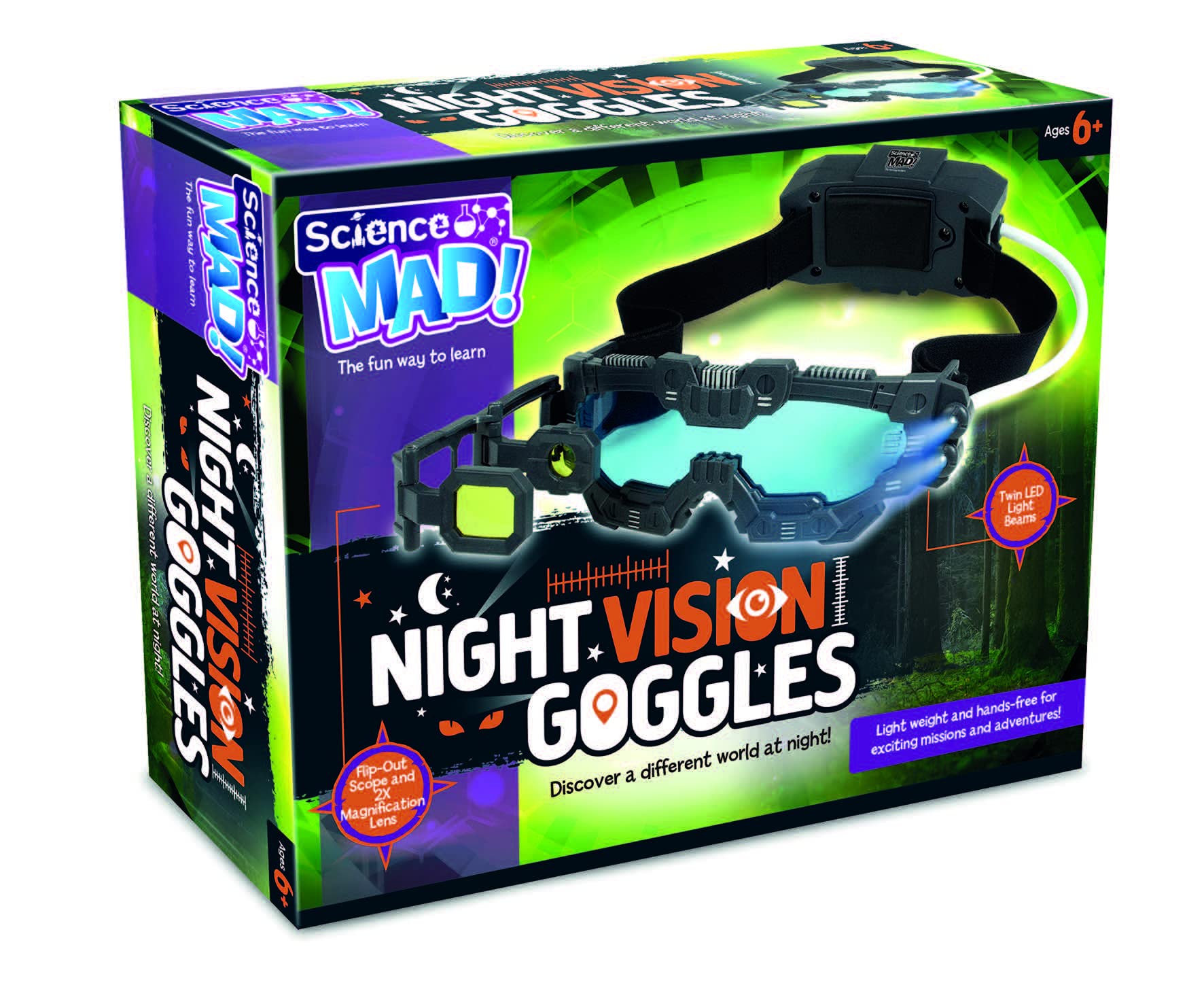 Science Mad! Nachtsichtbrille für Kinder – 2-fache Vergrößerung & LED-Leuchten – Schwarz