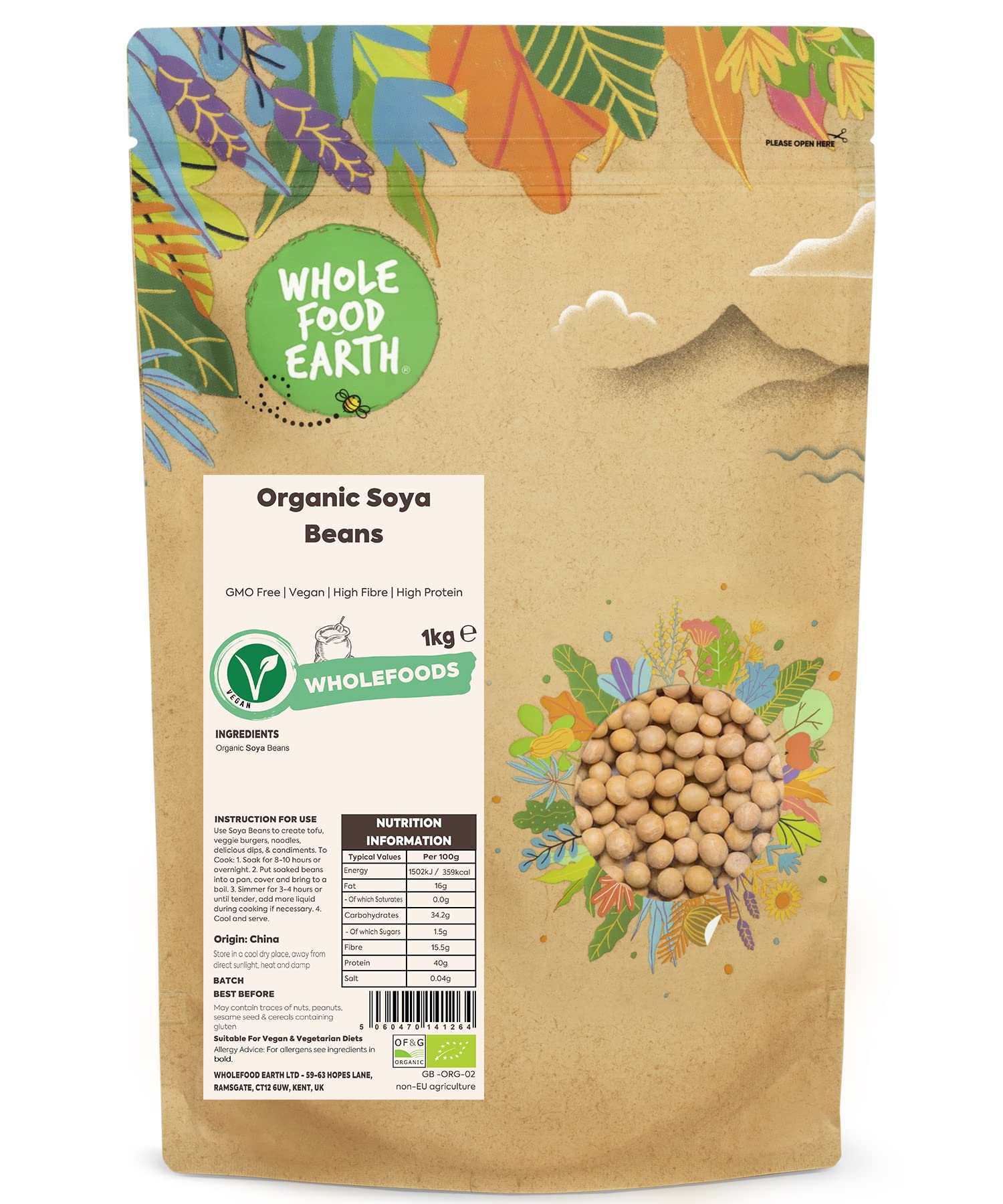 Wholefood Earth Bio-Sojabohnen 1 kg – gentechnikfrei, vegan, ballaststoffreich, proteinreich