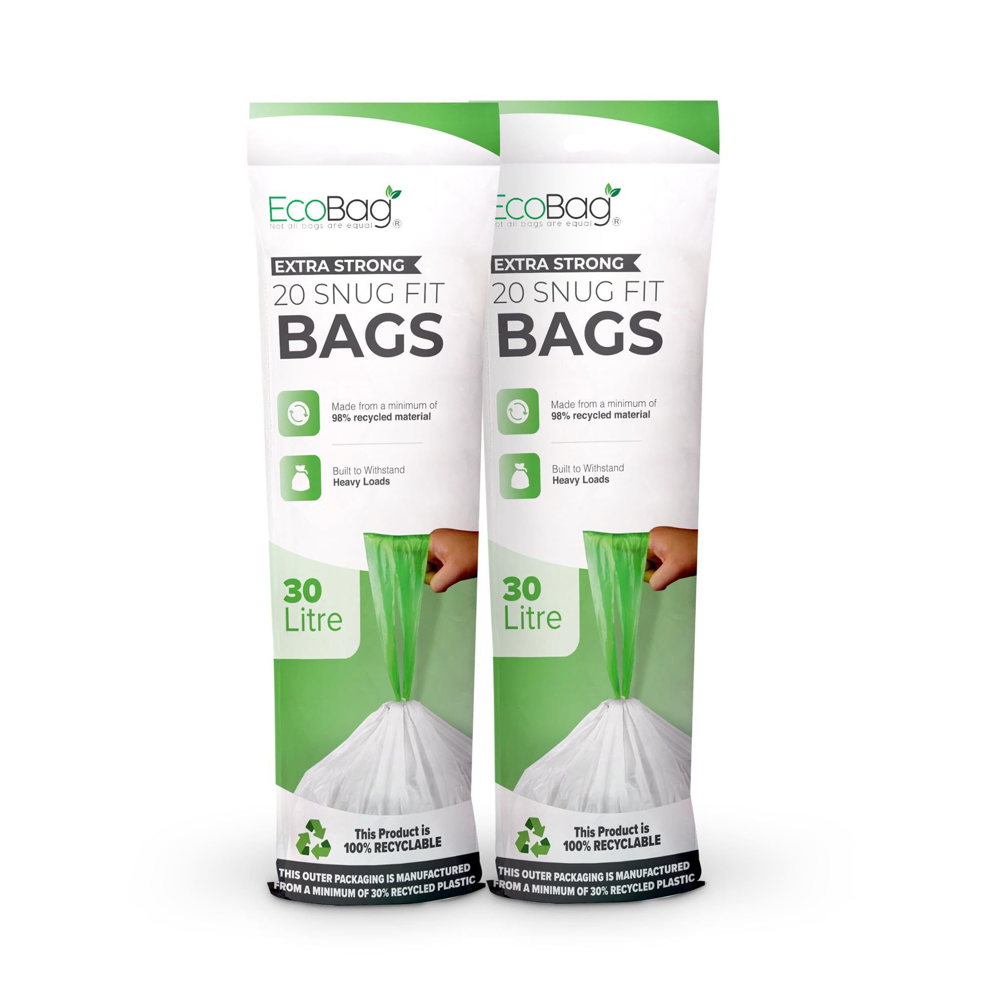 EcoBag 40er-Pack weißer Küchen-Müllbeutel mit Kordelzug – 30 l – 25 Mikron – Modell 232