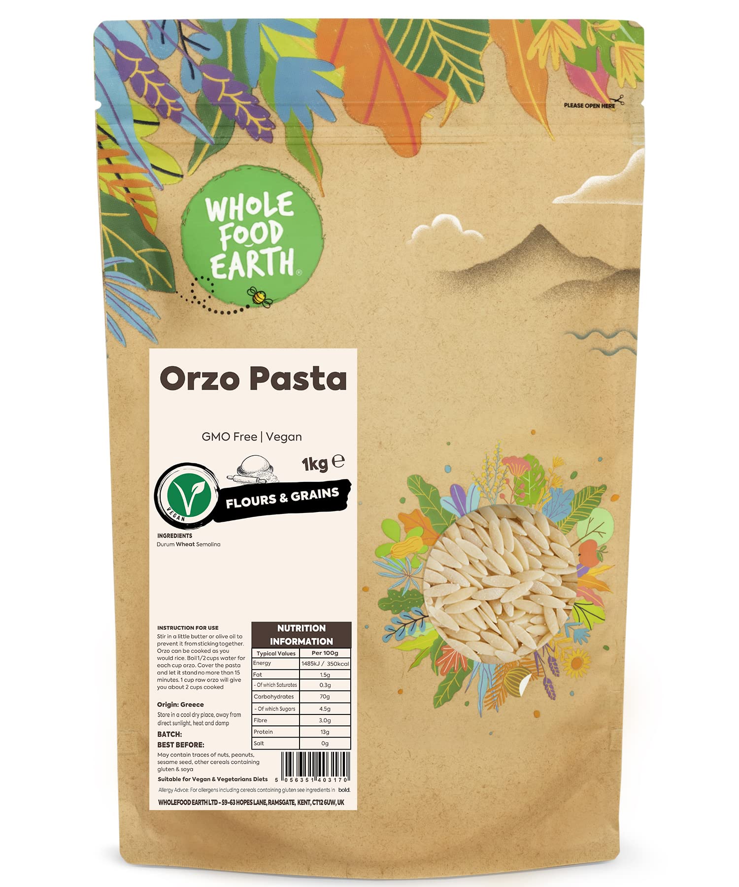 Wholefood Earth Orzo-Nudeln 1 kg – gentechnikfreie, kurz geschnittene Nudeln in Reisform