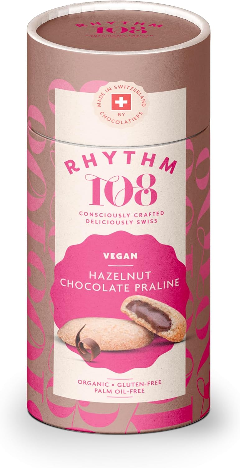 Rhythm 108 Schweizer vegane Haselnuss-Schokoladen-Pralinen-Kekse, Geschenktube, 195 g
