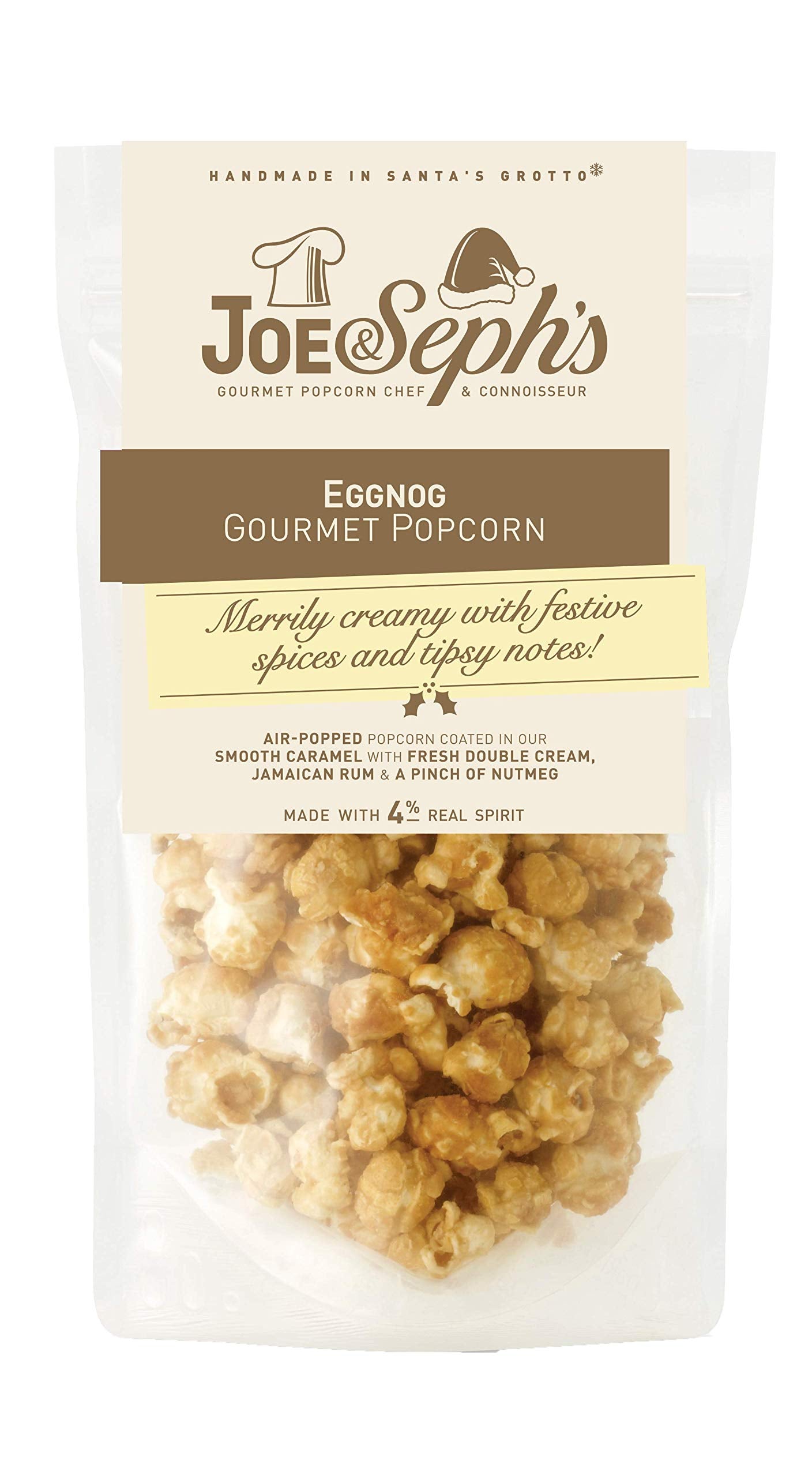 Joe & Seph's Eggnog Popcorn Sharing Pouch (80 g) – Handgemachter, mit Heißluft gepoppter Festtagsgenuss