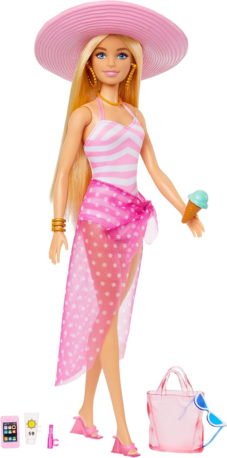 Barbie-Puppe – Rosa-weißer Badeanzug mit Strandzubehör, ab 3 Jahren