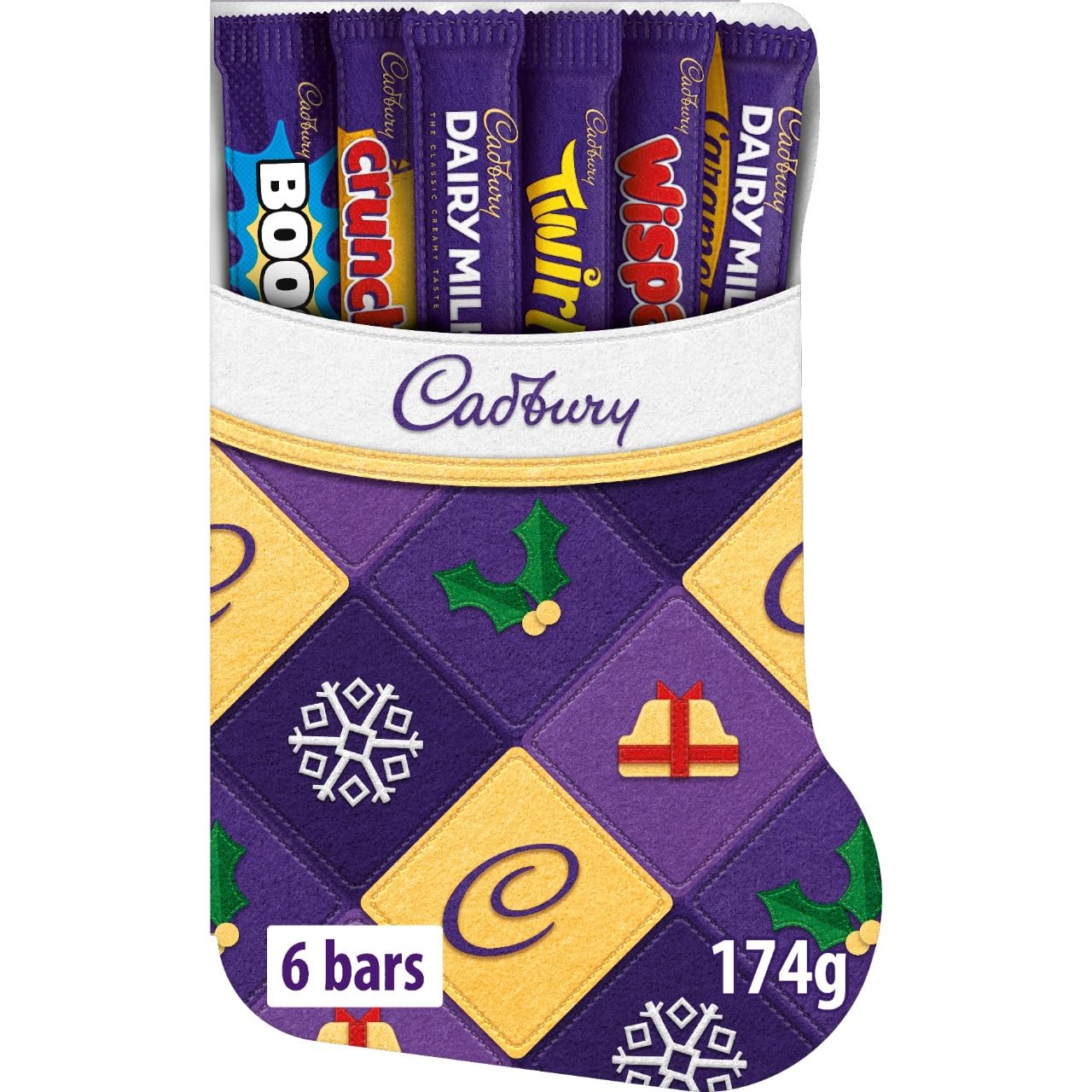 Cadbury Festlicher Strumpf Schokoladen-Auswahlbox – 6 verschiedene Milchriegel, Weihnachtsgeschenk