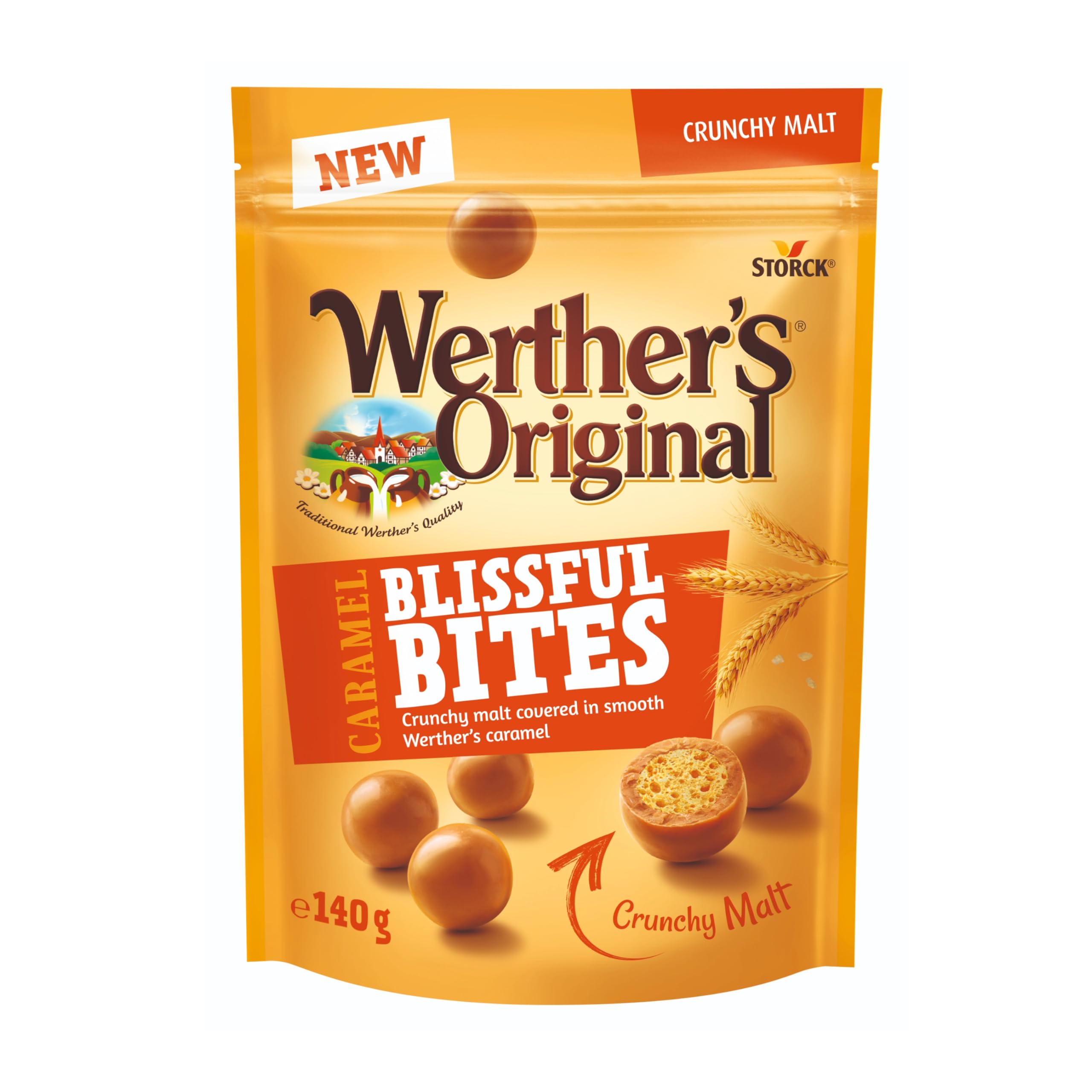 Werther's Original Caramel Blissful Bites, Knusprige Malz- & cremige Karamell-Leckereien, Vegetarisch, 140g