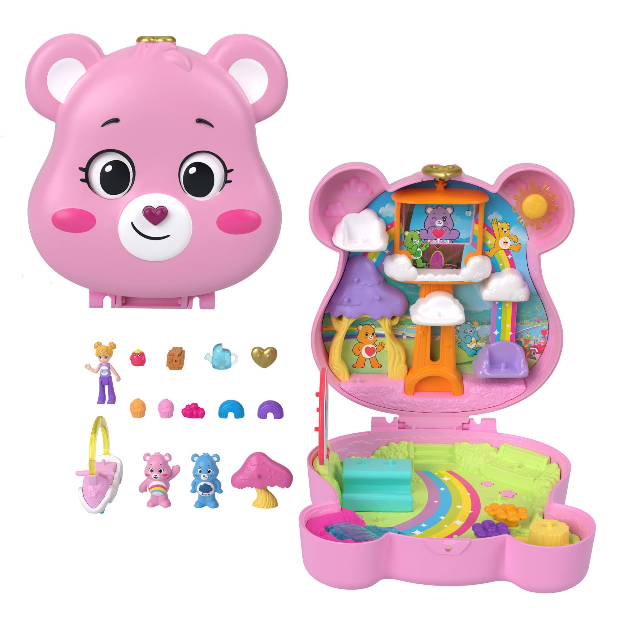 Polly Pocket x Glücksbärchis Spielset – Kompakt mit Puppen, Auto und Zubehör