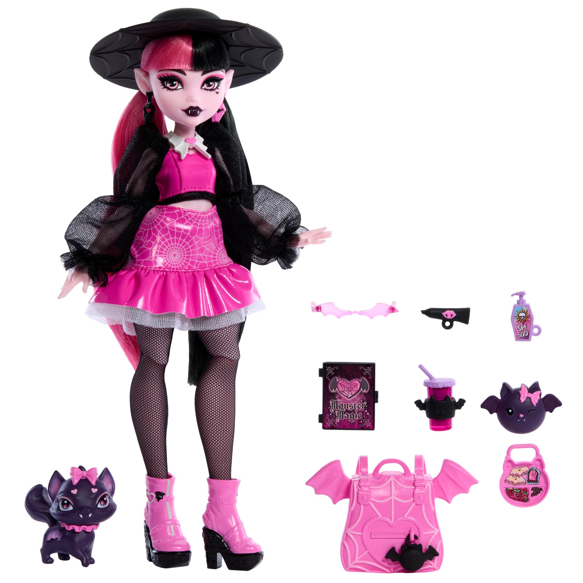 Monster High Draculaura-Puppe mit Count Fabulous-Haustier und Zubehör – Pinke modische Vampirpuppe für Kinder