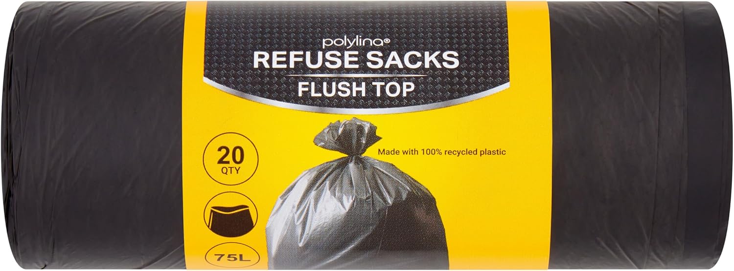 Polylina 20er-Pack schwarze Müllbeutel mit flacher Oberseite, 75 l, aus 70 % recyceltem Kunststoff