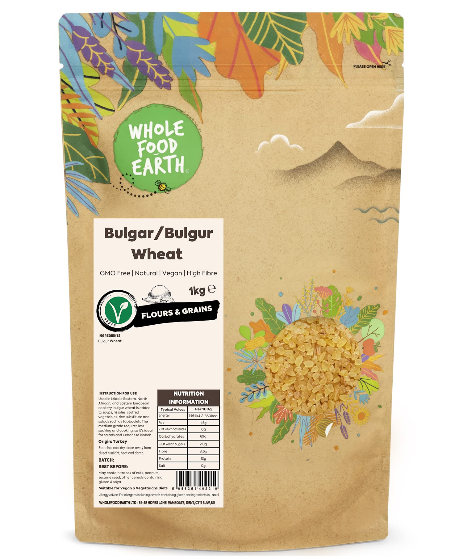Wholefood Earth Bulgurweizen 1 kg | Gentechnikfrei | Ballaststoffreich | Natürlich | Recycelbare Verpackung