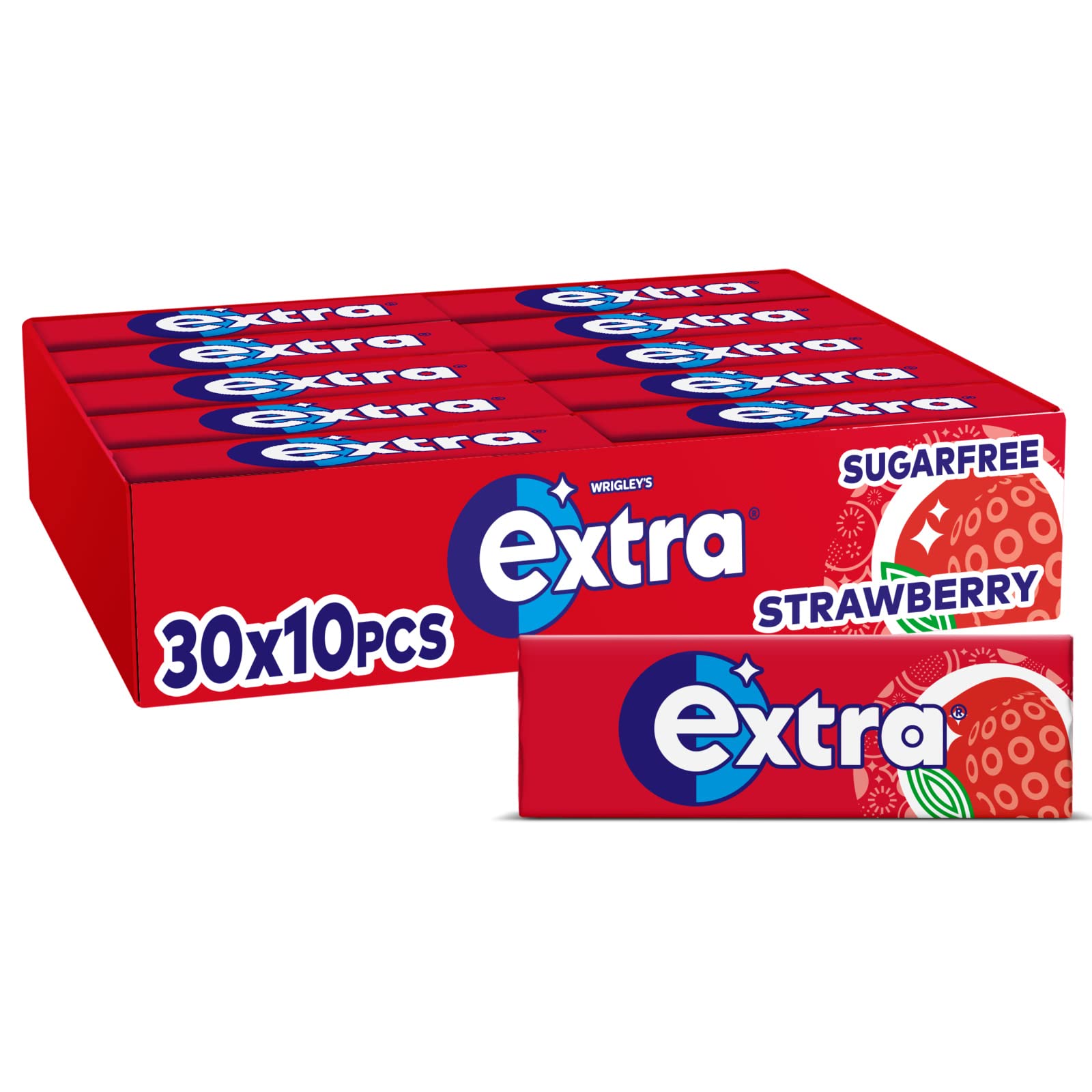 Extra - Zuckerfreier Kaugummi mit Erdbeergeschmack, 30 Packungen (300 Stück) mit Xylitol