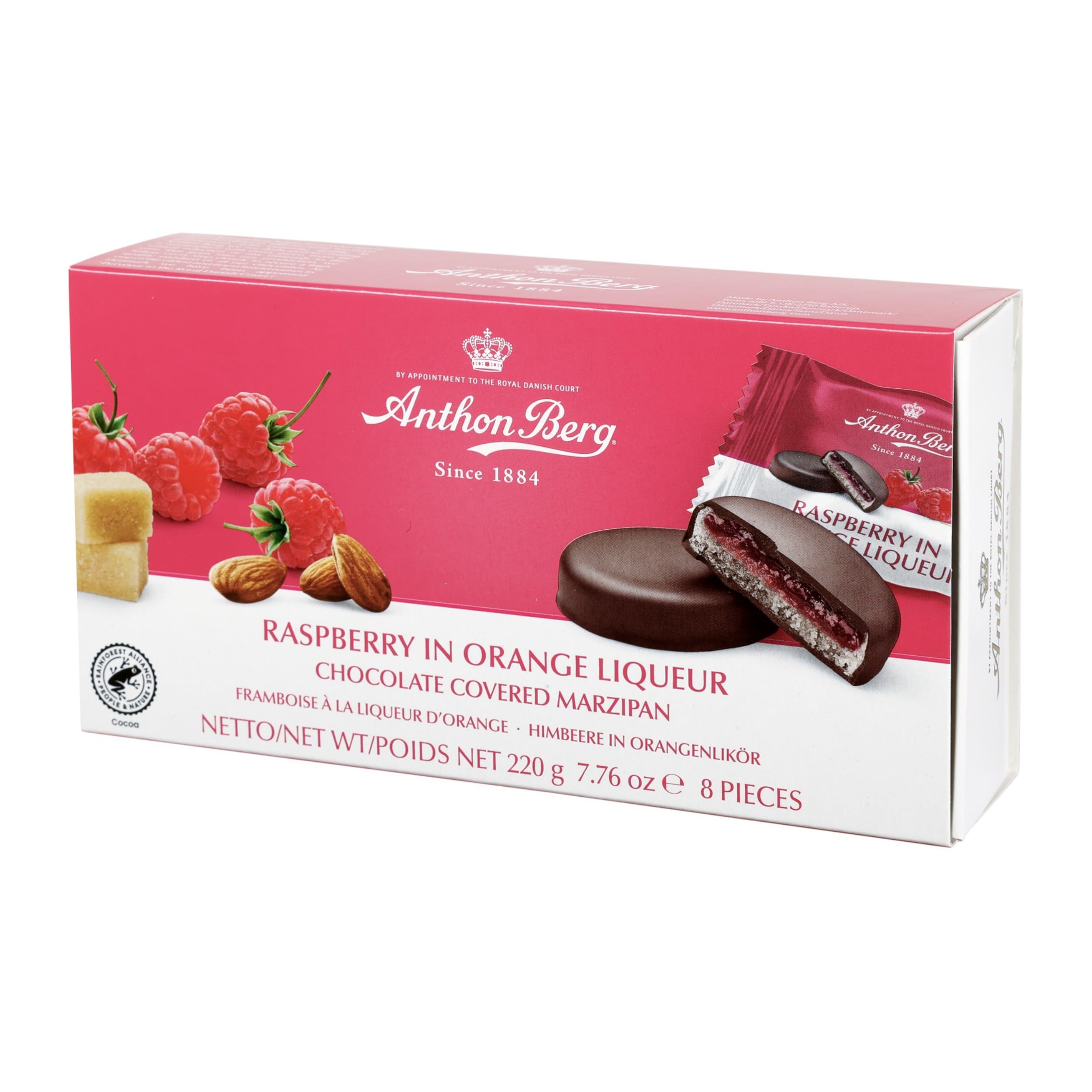 Anthon Berg Marzipan-Leckereien mit dunkler Schokolade überzogen, mit Himbeer- und Orangenlikör – 220 g