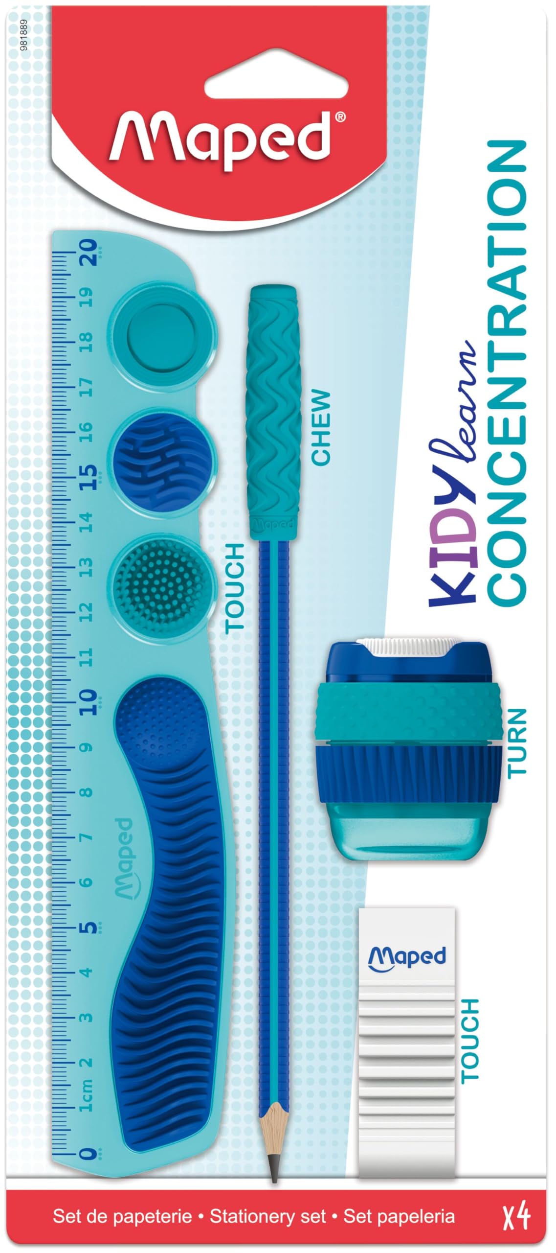 Maped Kidy Learn Konzentration 4-teiliges Schulset – Lineal, Anspitzer, Radiergummi, Graphitstift