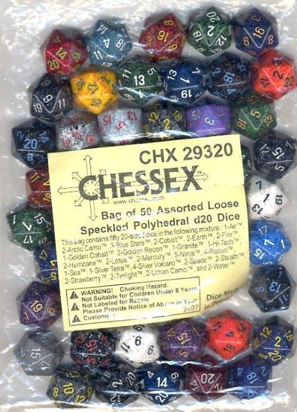 Chessex Polyedrische d20 Würfel, Beutel mit 50 verschiedenen Spezifikationen