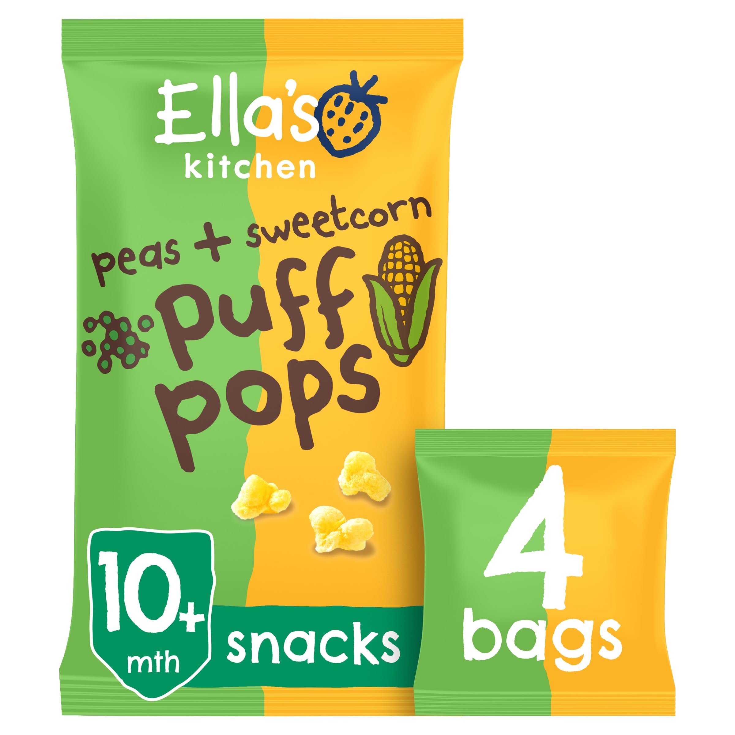 Ella's Kitchen Bio-Erbsen- und Mais-Puff-Pops-Snacks für Babys ab 10 Monaten – 4 x 9 g