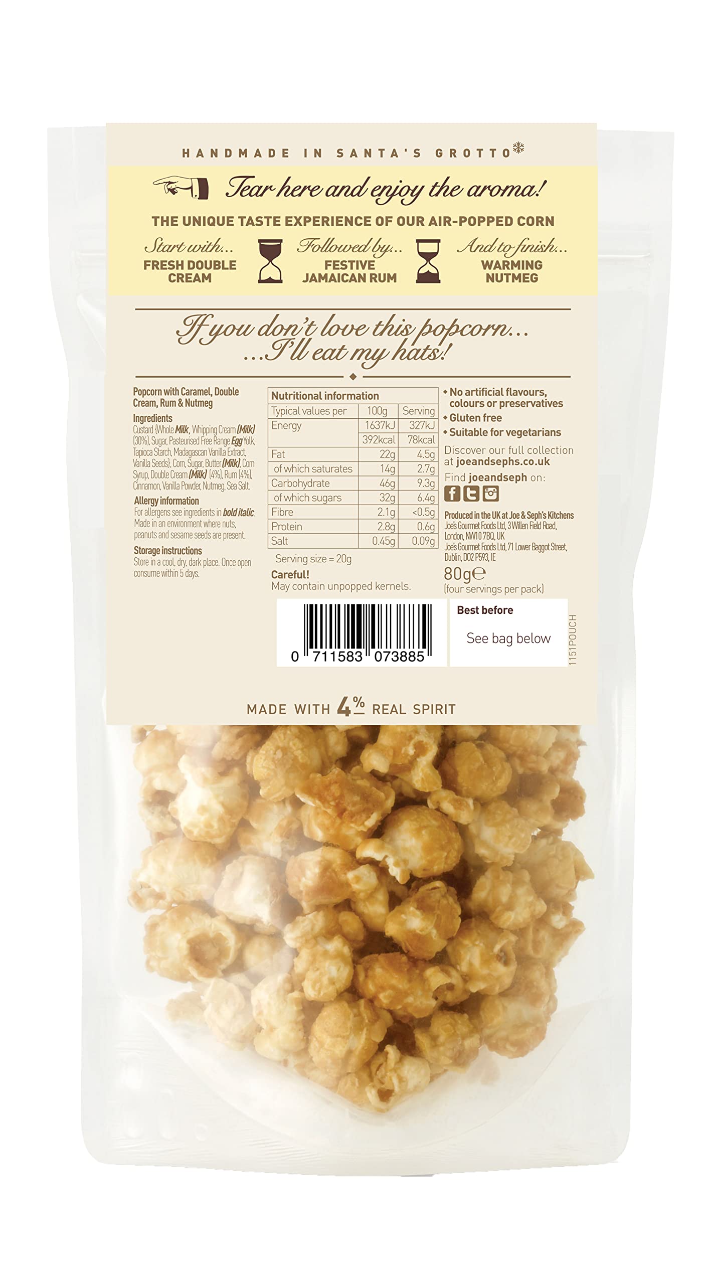 Joe & Seph's Eggnog Popcorn Sharing Pouch (80 g) – Handgemachter, mit Heißluft gepoppter Festtagsgenuss