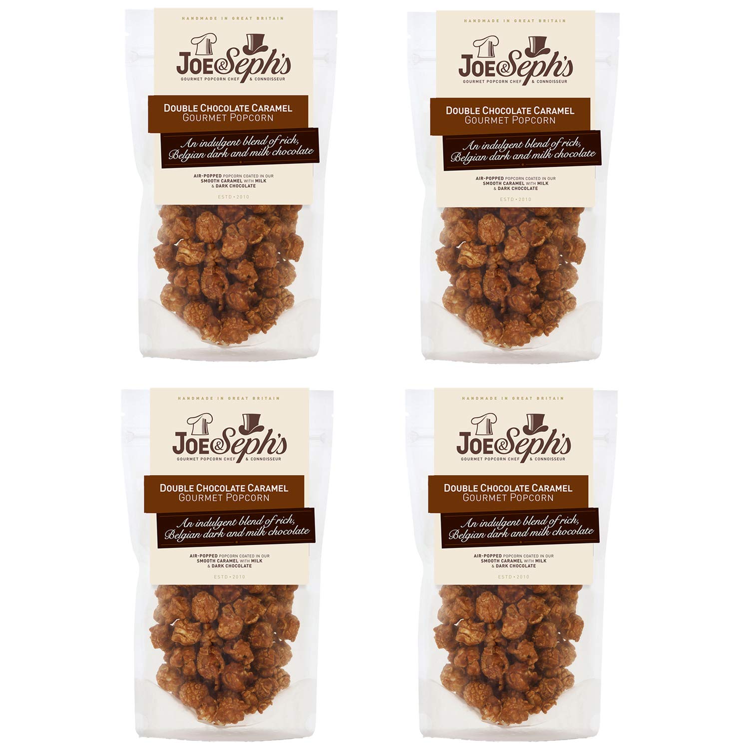 Joe & Seph's Double Chocolate Popcorn (4x80g) - Gourmet-Schokoladensnack aus der Heißluftmaschine