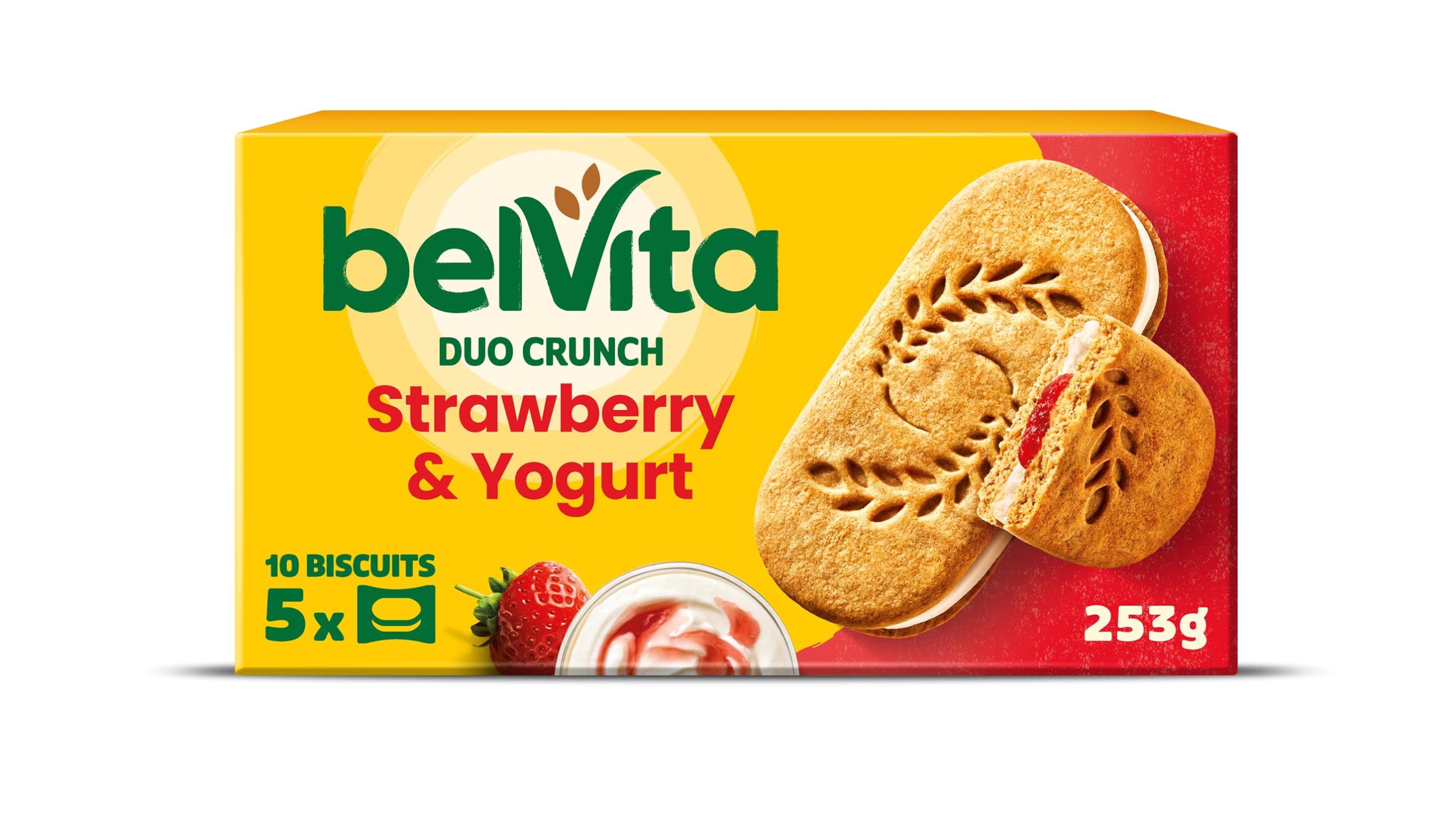 Belvita Duo Crunch Erdbeer-Joghurt-Frühstückskekse, 18 2er-Packungen – Vollkornkekse mit Joghurt-Erdbeer-Füllung