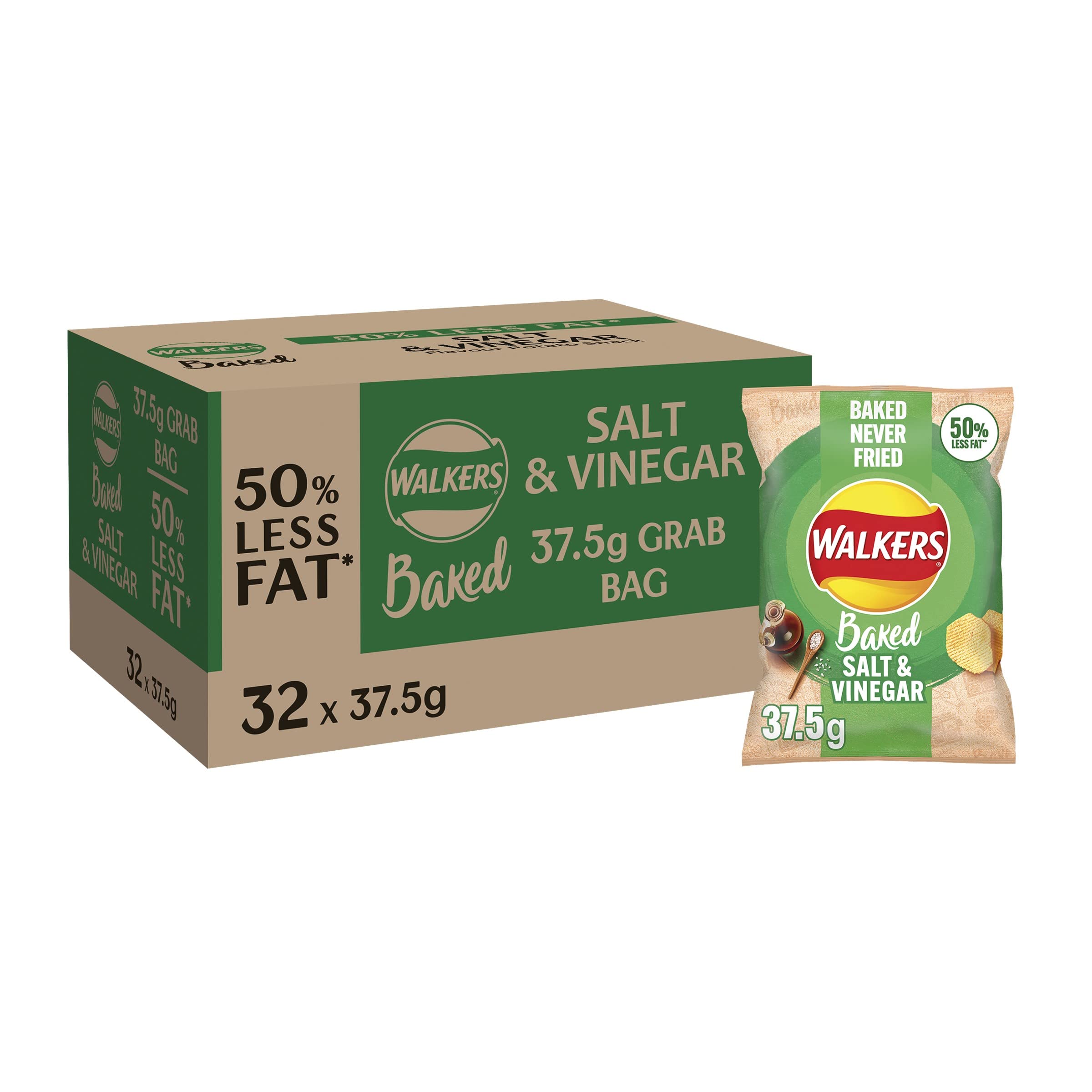 Walkers Gebackene Salz- und Essigchips, 32 x 37,5 g – 50 % weniger Fett, Snacks